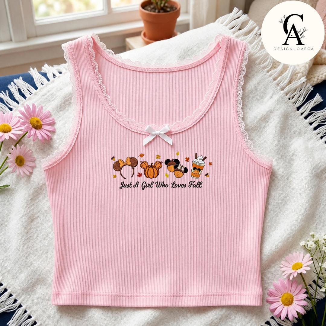Embroidered Just a Girl Who Loves Fall Disney Baby Tee Crop Tank – Thanksgiving Halloween Fall Vibes Lace Trim Tank Sweater - photo 7