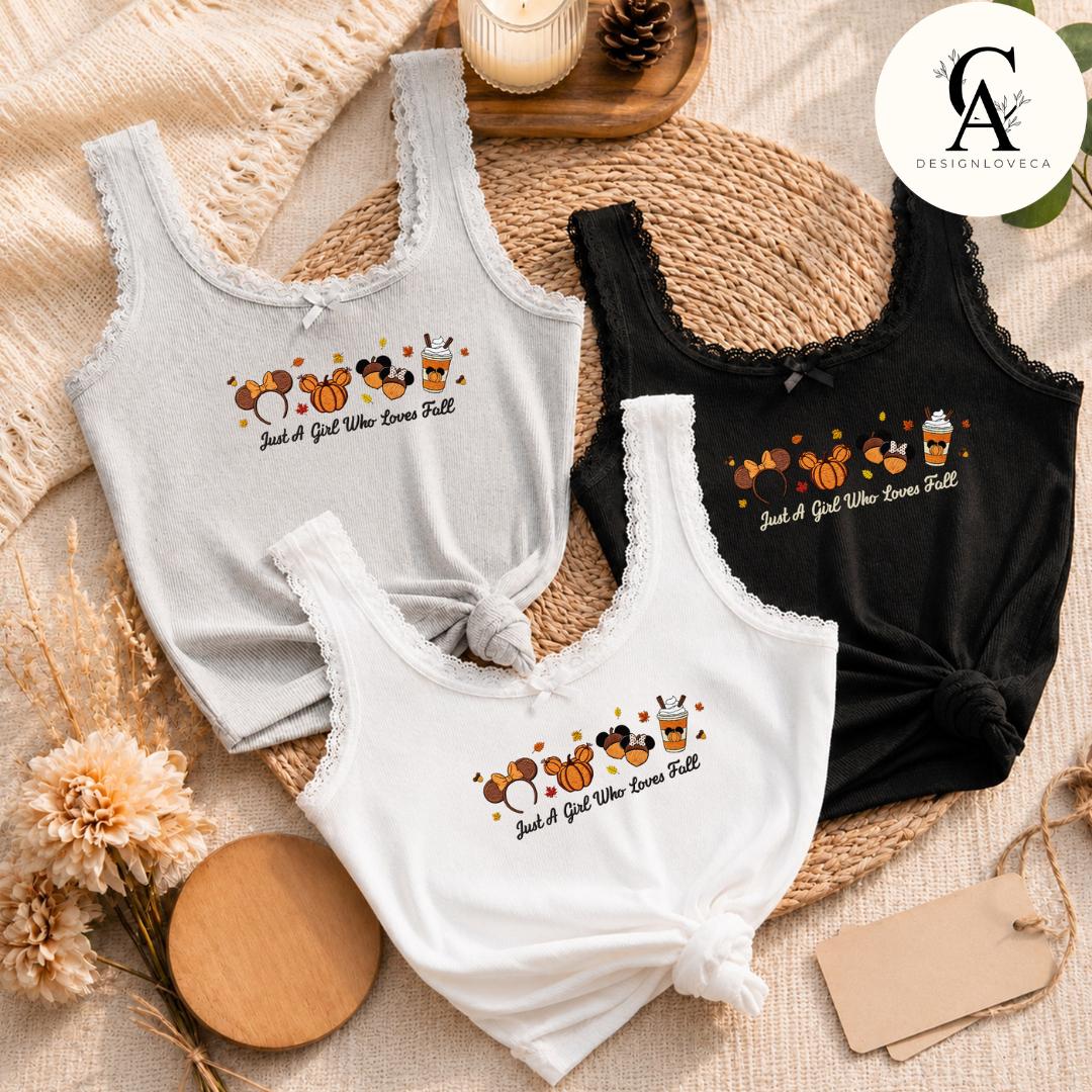 Embroidered Just a Girl Who Loves Fall Disney Baby Tee Crop Tank – Thanksgiving Halloween Fall Vibes Lace Trim Tank Sweater - photo 8