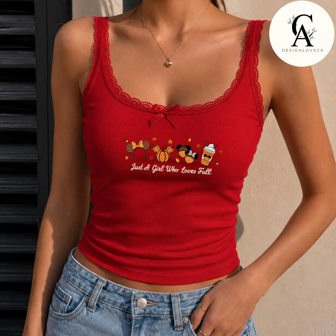 Embroidered Just a Girl Who Loves Fall Disney Baby Tee Crop Tank – Thanksgiving Halloween Fall Vibes Lace Trim Tank Sweater - photo 9