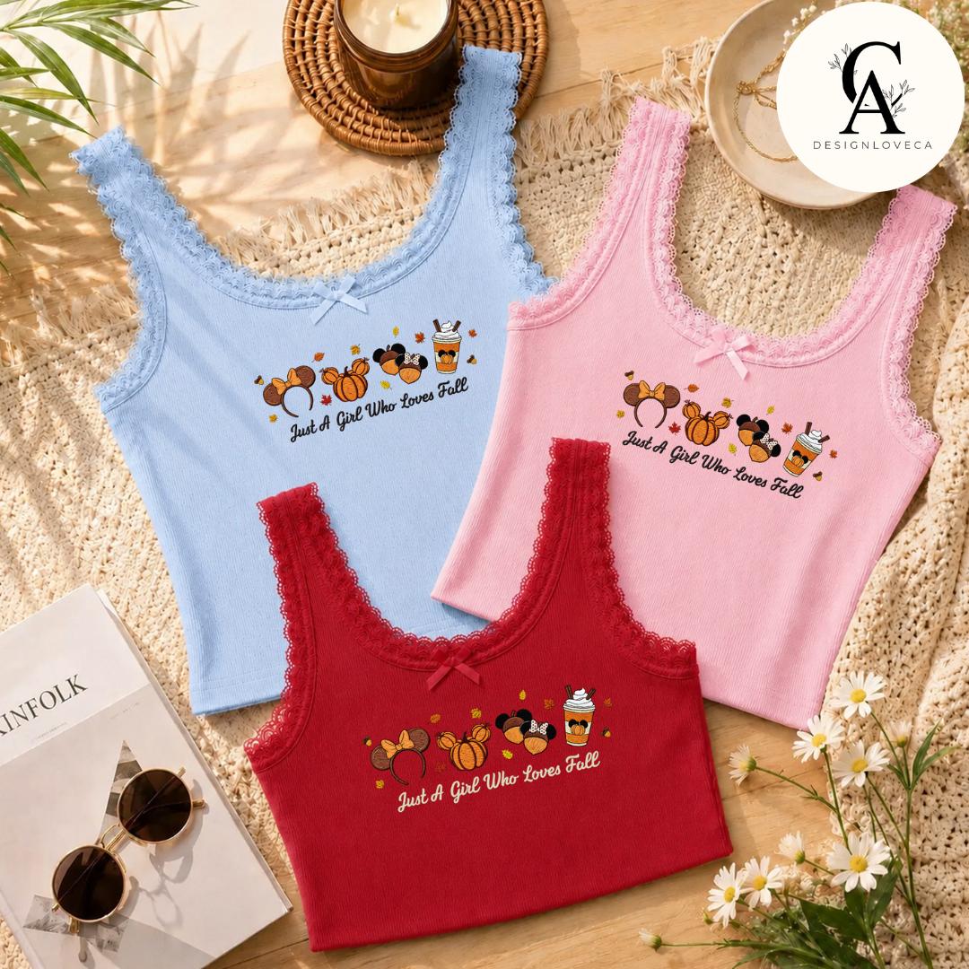 Embroidered Just a Girl Who Loves Fall Disney Baby Tee Crop Tank – Thanksgiving Halloween Fall Vibes Lace Trim Tank Sweater - photo 10