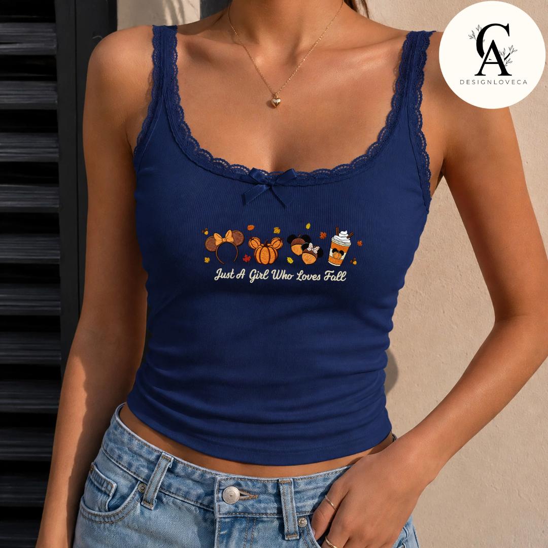 Embroidered Just a Girl Who Loves Fall Disney Baby Tee Crop Tank – Thanksgiving Halloween Fall Vibes Lace Trim Tank Sweater - photo 11