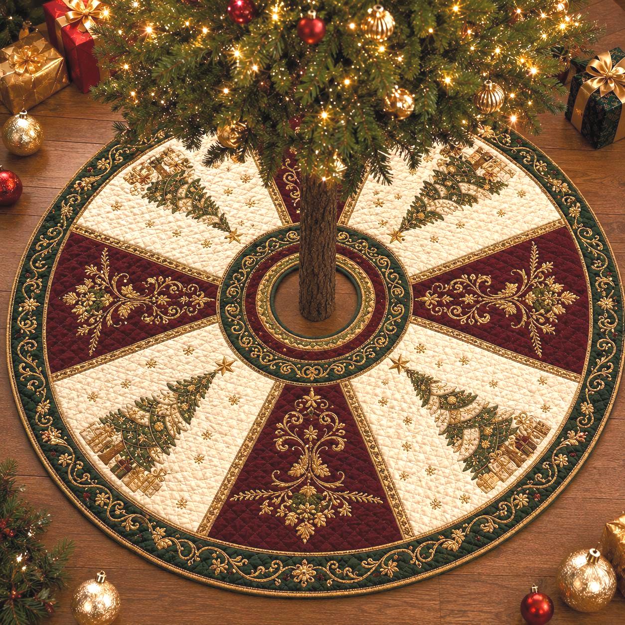 Quilted Christmas Tree Skirt with Elegant Holiday Tree Mat, Vintage Christmas Decor, Luxury Quilted Tree Base, and Gift for Christmas Lovers