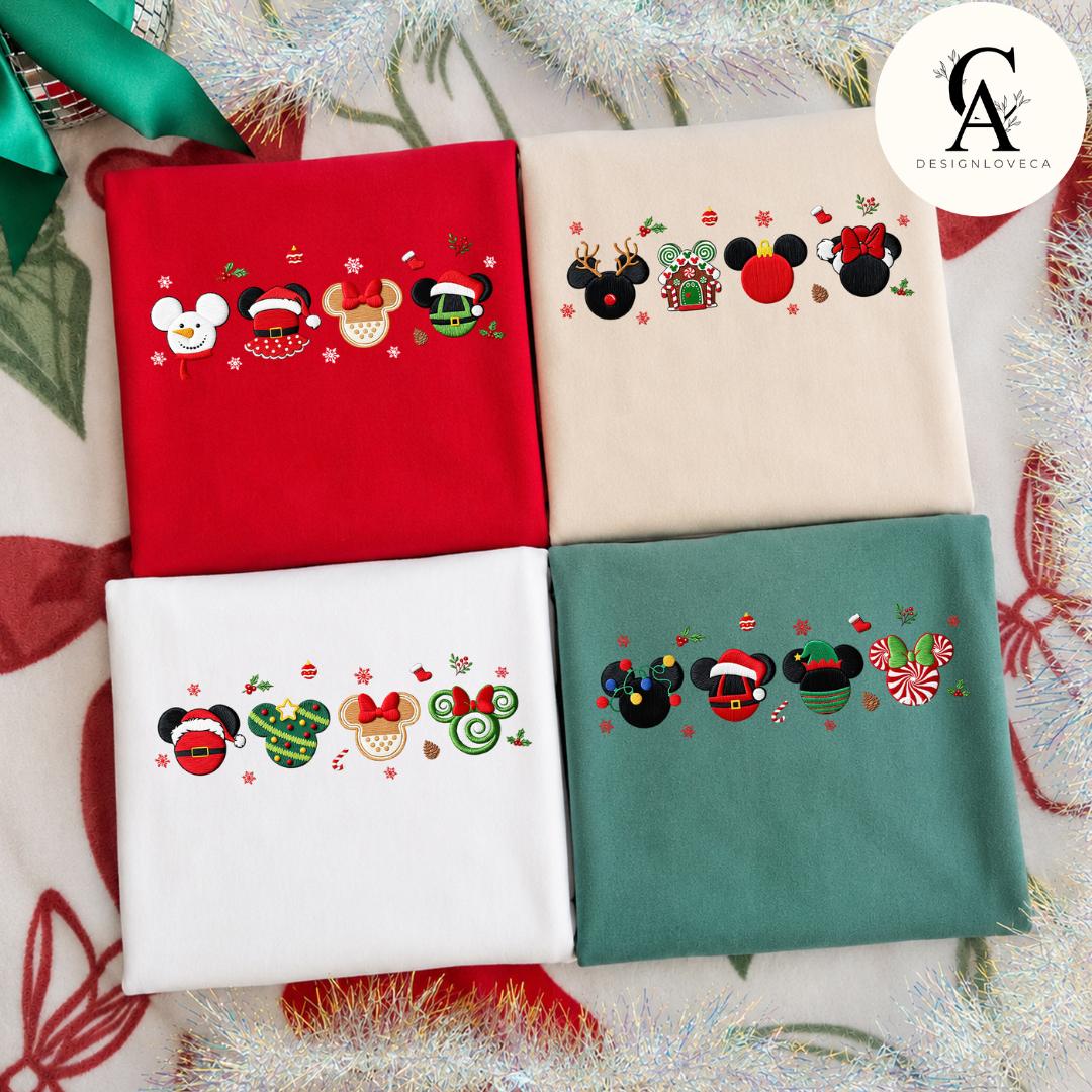 Embroidered Disney Christmas Gingham Mock Neck Sweatshirt with Mickey Minnie Ears Santa and Tree Light – Holiday Crewneck Sweater