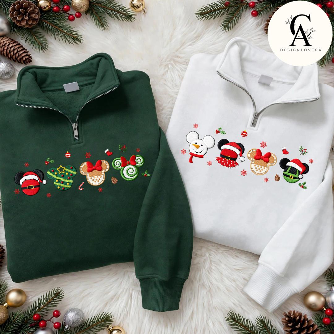 Embroidered Disney Christmas Gingham Mock Neck Sweatshirt with Mickey Minnie Ears Santa and Tree Light – Holiday Crewneck Sweater - photo 3