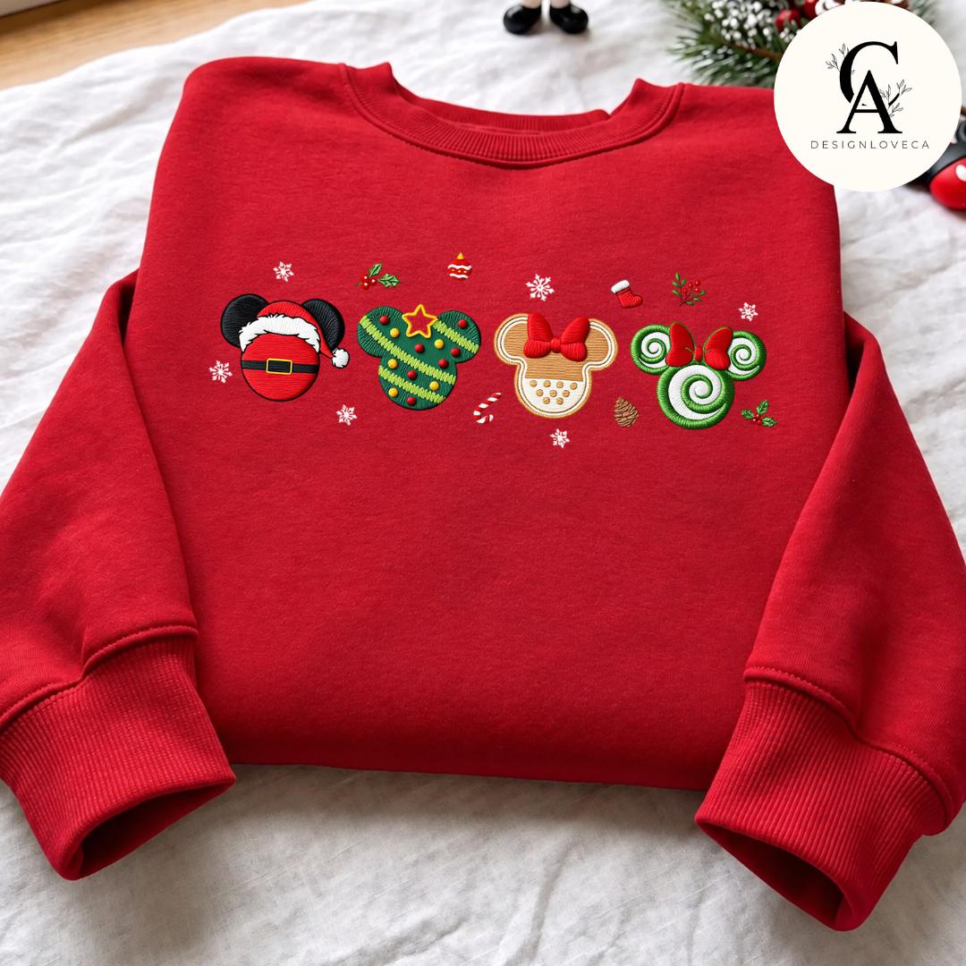 Embroidered Disney Christmas Gingham Mock Neck Sweatshirt with Mickey Minnie Ears Santa and Tree Light – Holiday Crewneck Sweater - photo 4