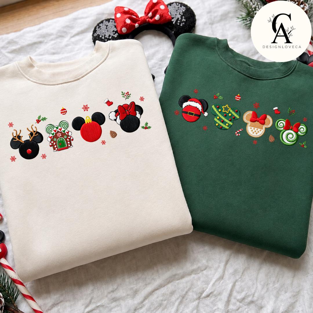 Embroidered Disney Christmas Gingham Mock Neck Sweatshirt with Mickey Minnie Ears Santa and Tree Light – Holiday Crewneck Sweater - photo 5