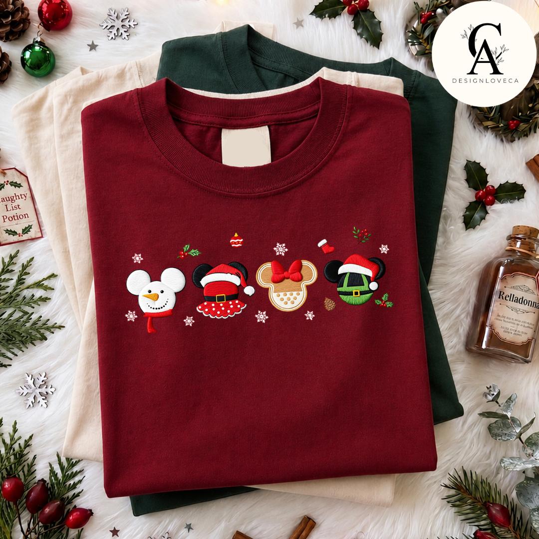 Embroidered Disney Christmas Gingham Mock Neck Sweatshirt with Mickey Minnie Ears Santa and Tree Light – Holiday Crewneck Sweater - photo 6
