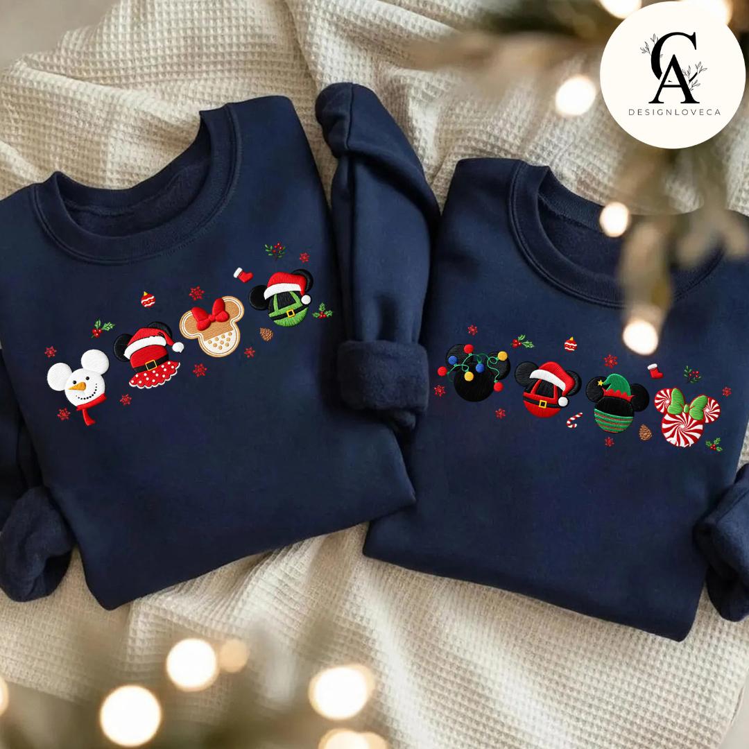 Embroidered Disney Christmas Gingham Mock Neck Sweatshirt with Mickey Minnie Ears Santa and Tree Light – Holiday Crewneck Sweater - photo 7