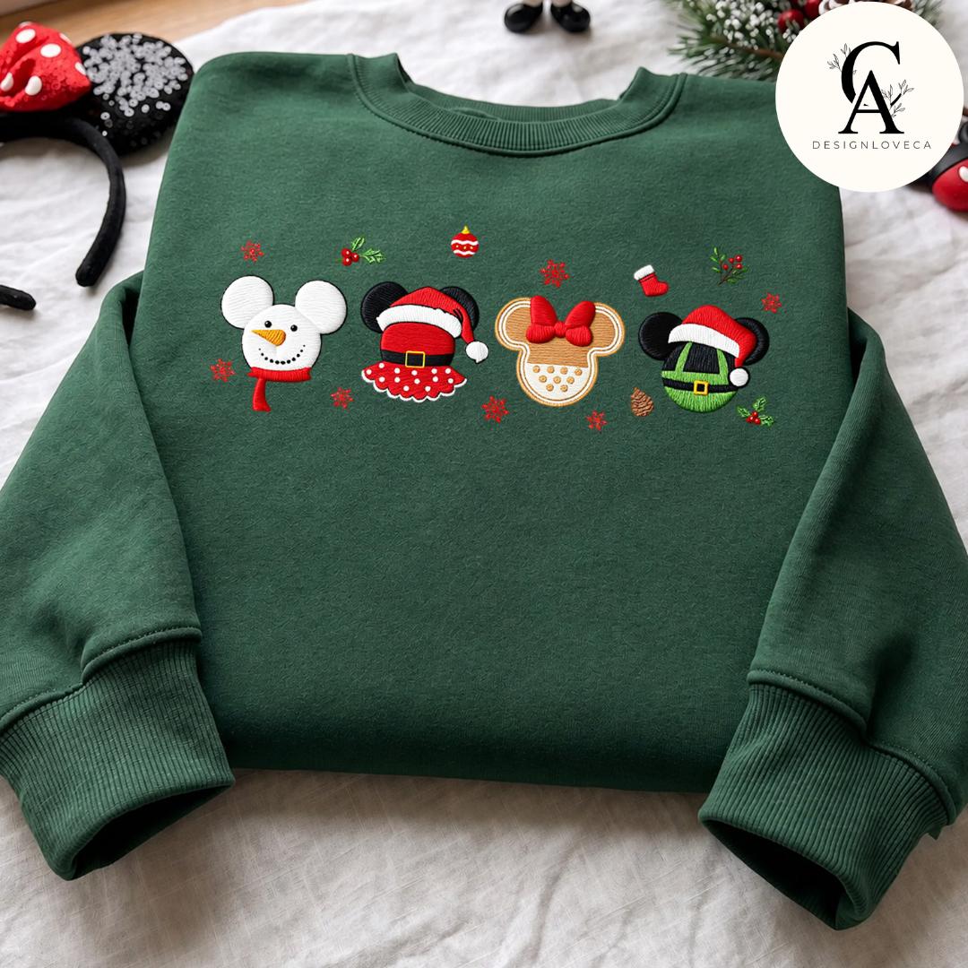 Embroidered Disney Christmas Gingham Mock Neck Sweatshirt with Mickey Minnie Ears Santa and Tree Light – Holiday Crewneck Sweater - photo 8