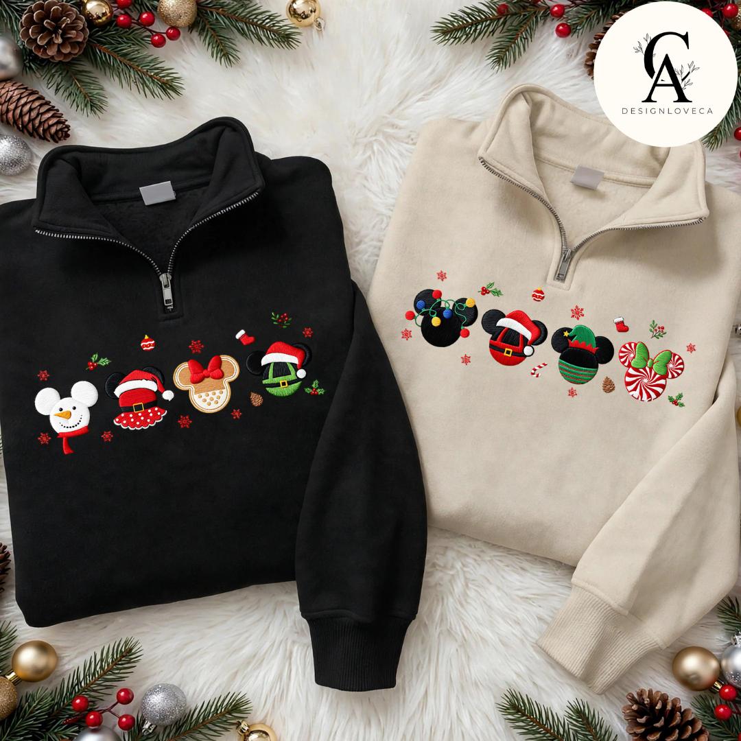 Embroidered Disney Christmas Gingham Mock Neck Sweatshirt with Mickey Minnie Ears Santa and Tree Light – Holiday Crewneck Sweater - photo 9