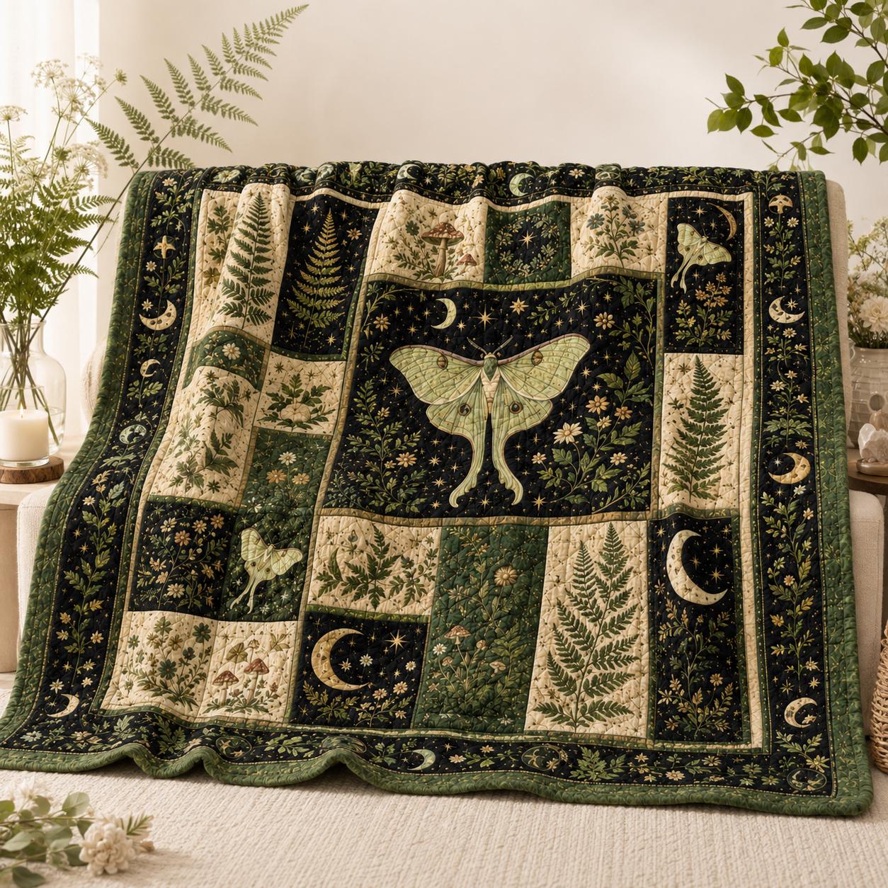 Luna Moth Blanket with Celestial Moon and Fern Quilt, Botanical Cottagecore Bedding, and Mystical Gift for Nature Lovers