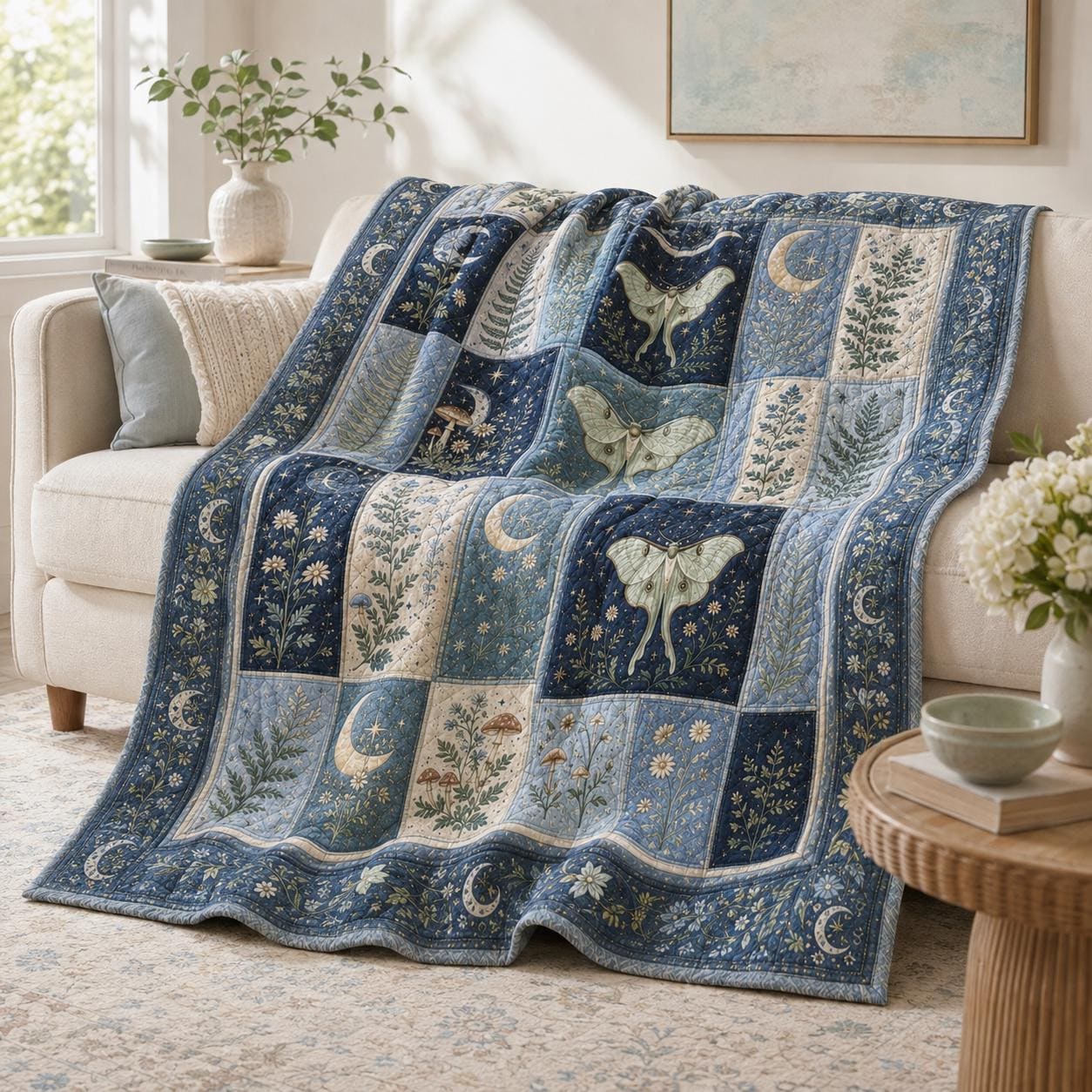 Luna Moth Blanket with Celestial Moon and Fern Quilt, Botanical Cottagecore Bedding, and Mystical Gift for Nature Lovers - photo 2