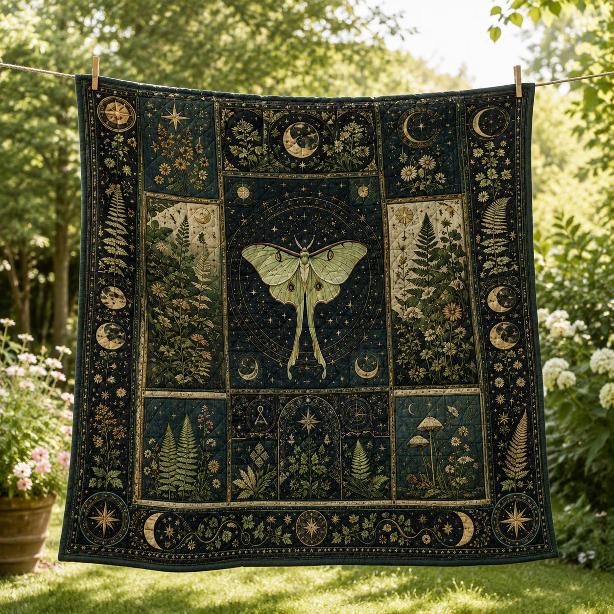 Luna Moth Blanket with Celestial Moon and Fern Quilt, Botanical Cottagecore Bedding, and Mystical Gift for Nature Lovers - photo 3