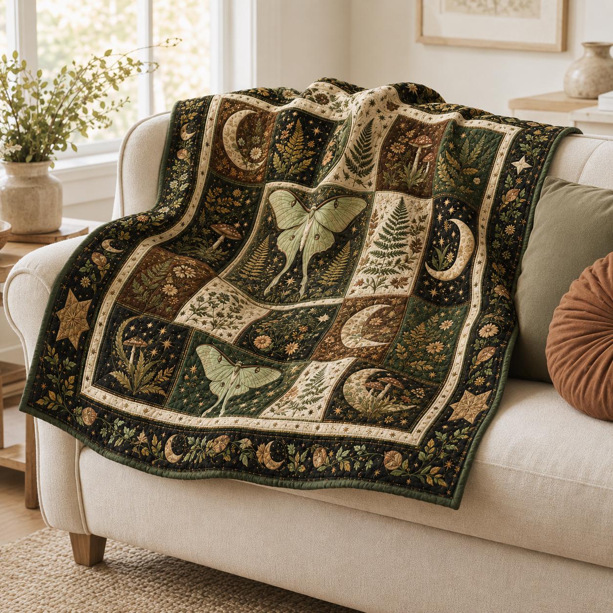 Luna Moth Blanket with Celestial Moon and Fern Quilt, Botanical Cottagecore Bedding, and Mystical Gift for Nature Lovers - photo 7