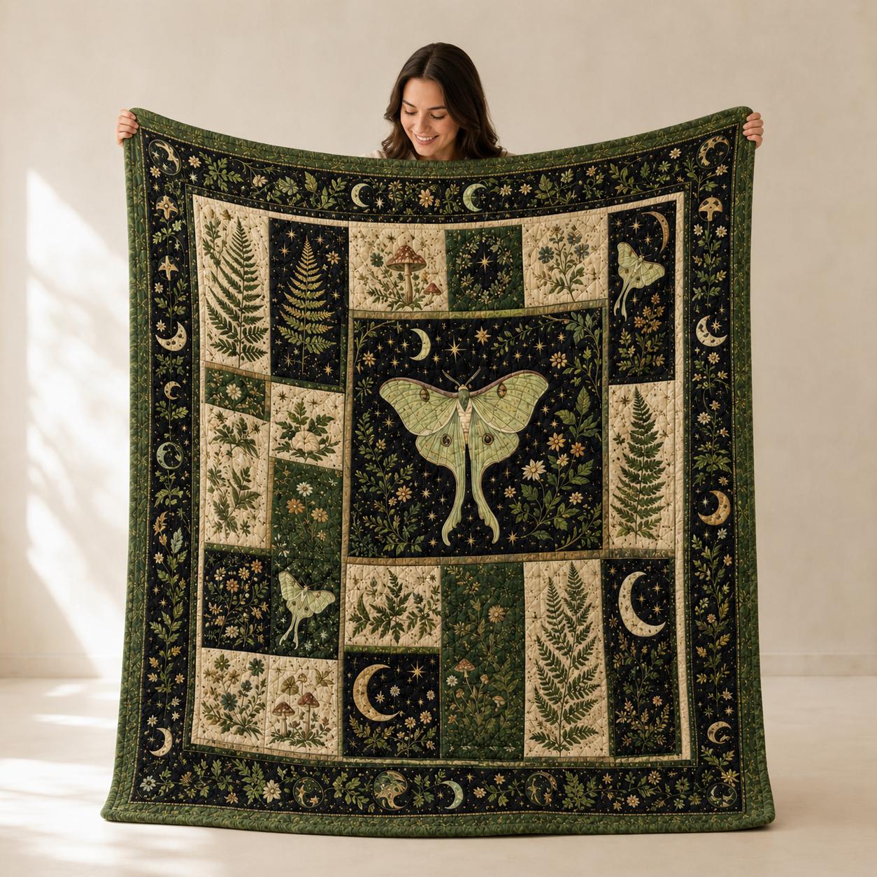 Luna Moth Blanket with Celestial Moon and Fern Quilt, Botanical Cottagecore Bedding, and Mystical Gift for Nature Lovers - photo 8