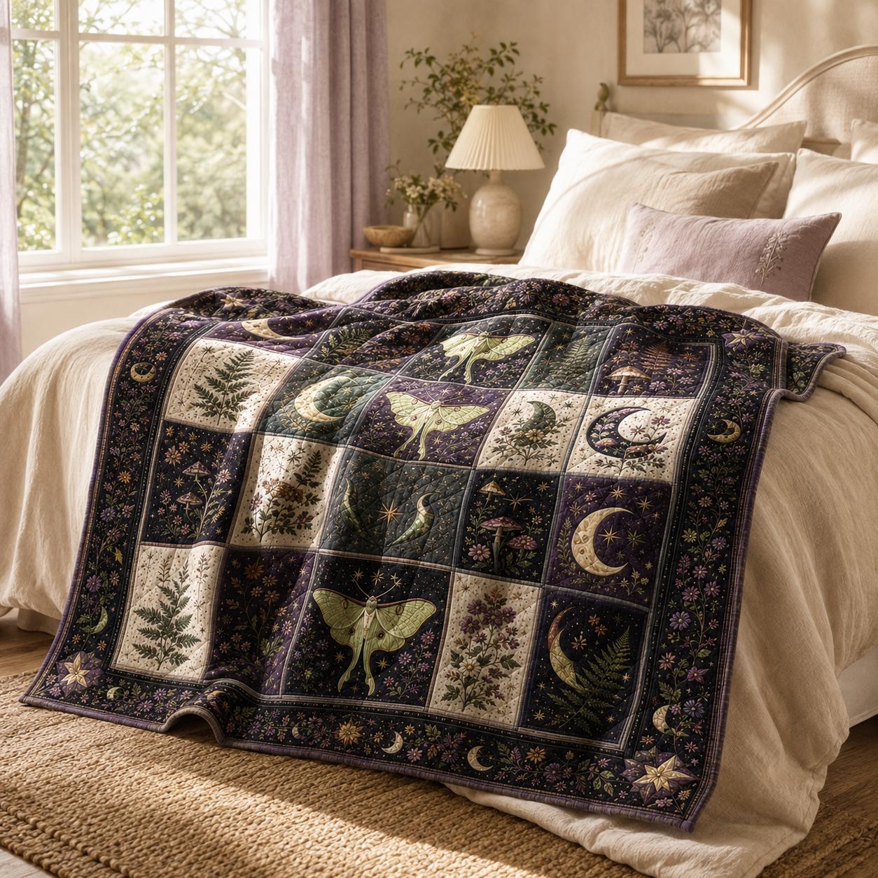 Luna Moth Blanket with Celestial Moon and Fern Quilt, Botanical Cottagecore Bedding, and Mystical Gift for Nature Lovers - photo 9