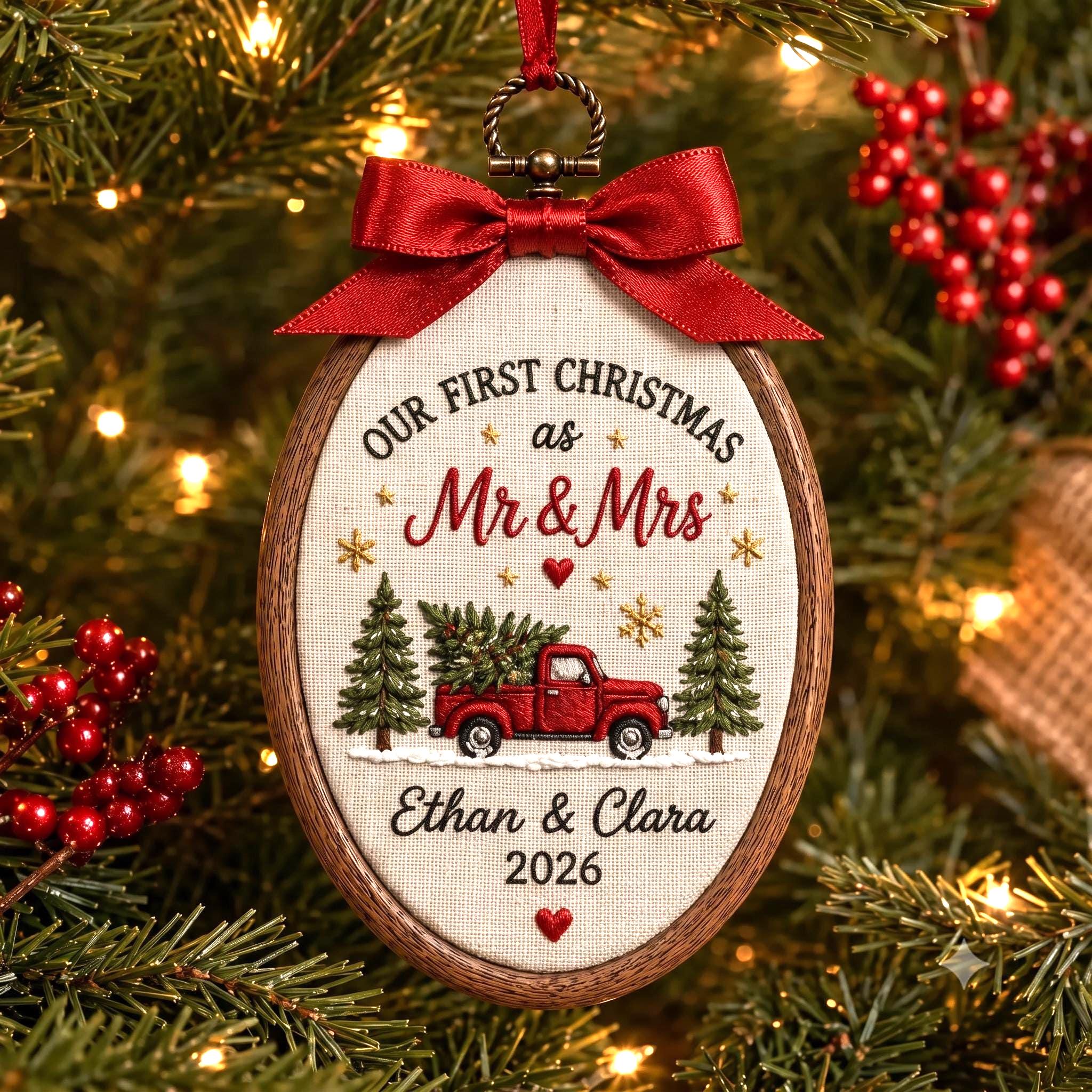 Personalized Christmas Ornament with Mr and Mrs New Home Baby First Christmas Embroidered Hoop, Family Holiday Keepsake Gift, and Custom Ornament