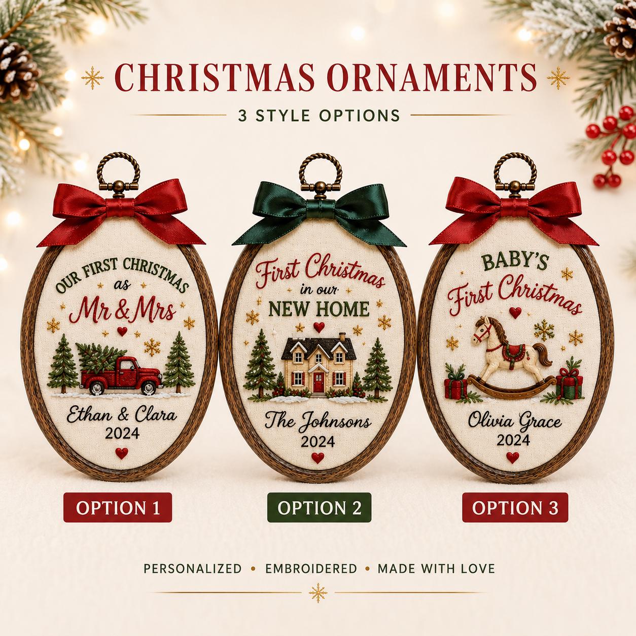 Personalized Christmas Ornament with Mr and Mrs New Home Baby First Christmas Embroidered Hoop, Family Holiday Keepsake Gift, and Custom Ornament - photo 3
