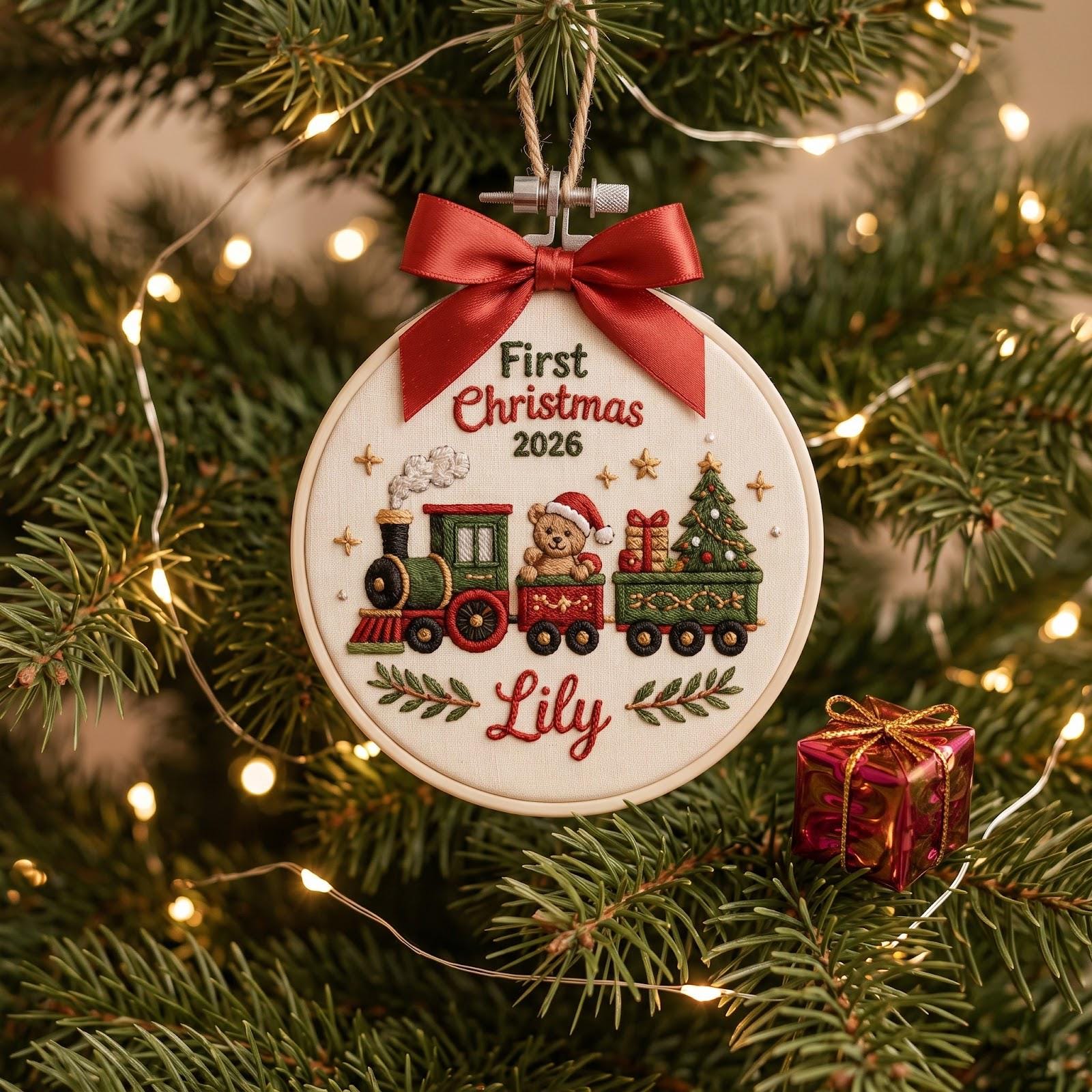 Personalized Custom Name First Christmas 2026 Embroidered Hoop Ornament – Snowman Candy Cane Train Keepsake Baby Holiday Gift