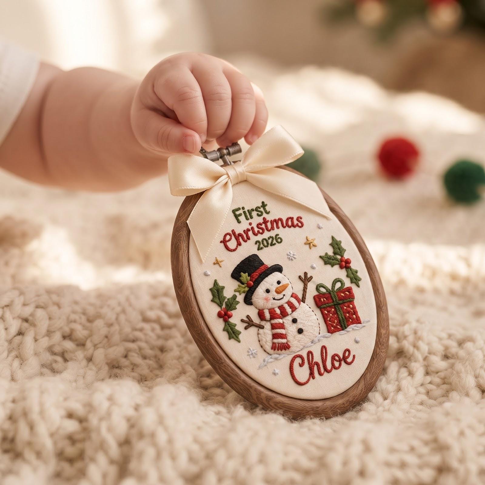 Personalized Custom Name First Christmas 2026 Embroidered Hoop Ornament – Snowman Candy Cane Train Keepsake Baby Holiday Gift - photo 2