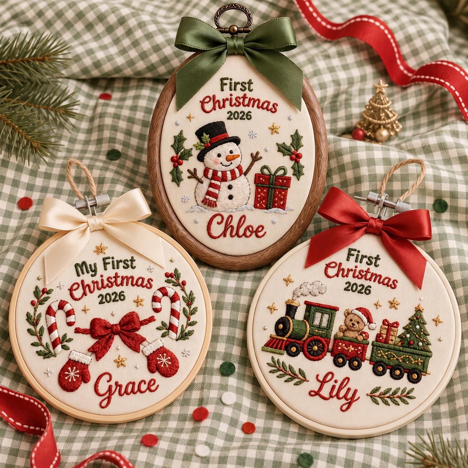 Personalized Custom Name First Christmas 2026 Embroidered Hoop Ornament – Snowman Candy Cane Train Keepsake Baby Holiday Gift - photo 3