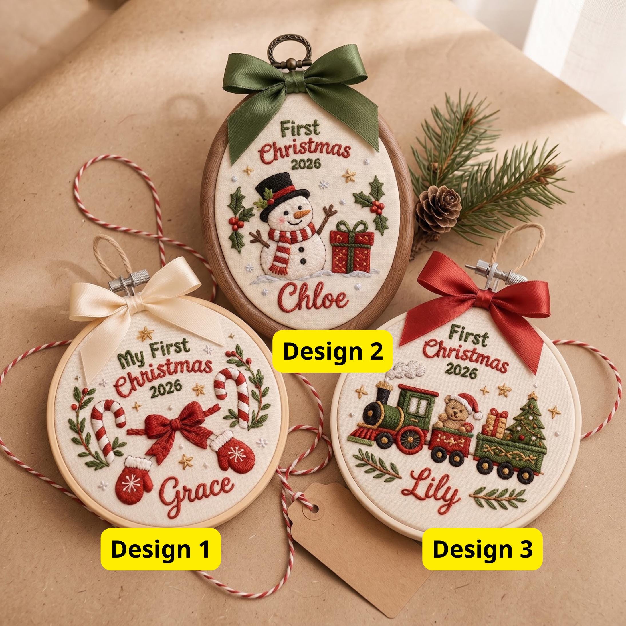 Personalized Custom Name First Christmas 2026 Embroidered Hoop Ornament – Snowman Candy Cane Train Keepsake Baby Holiday Gift - photo 4