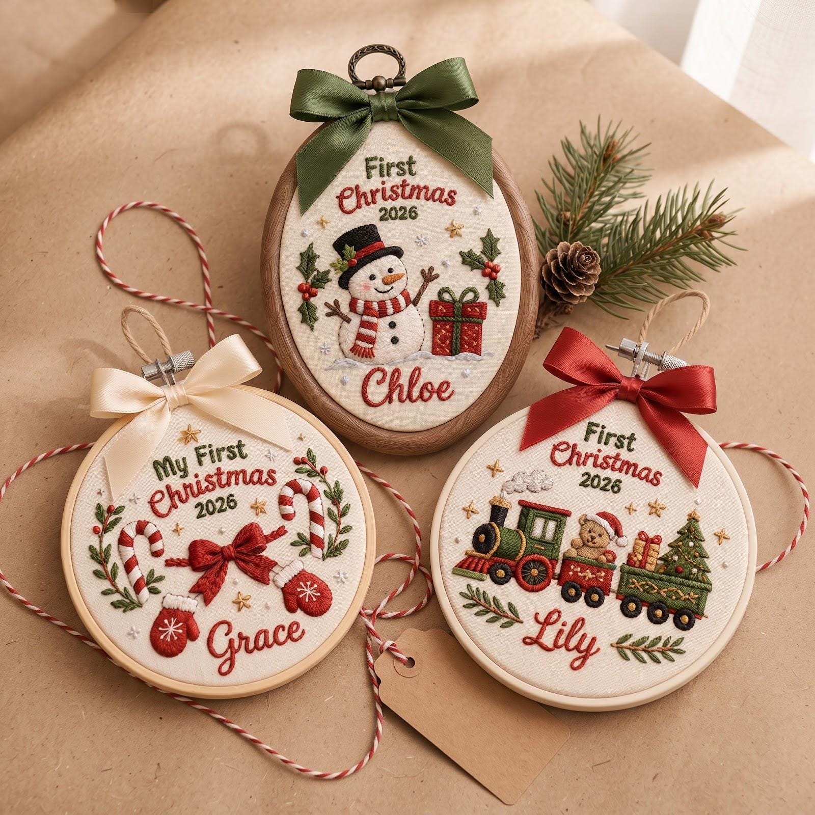 Personalized Custom Name First Christmas 2026 Embroidered Hoop Ornament – Snowman Candy Cane Train Keepsake Baby Holiday Gift - photo 9