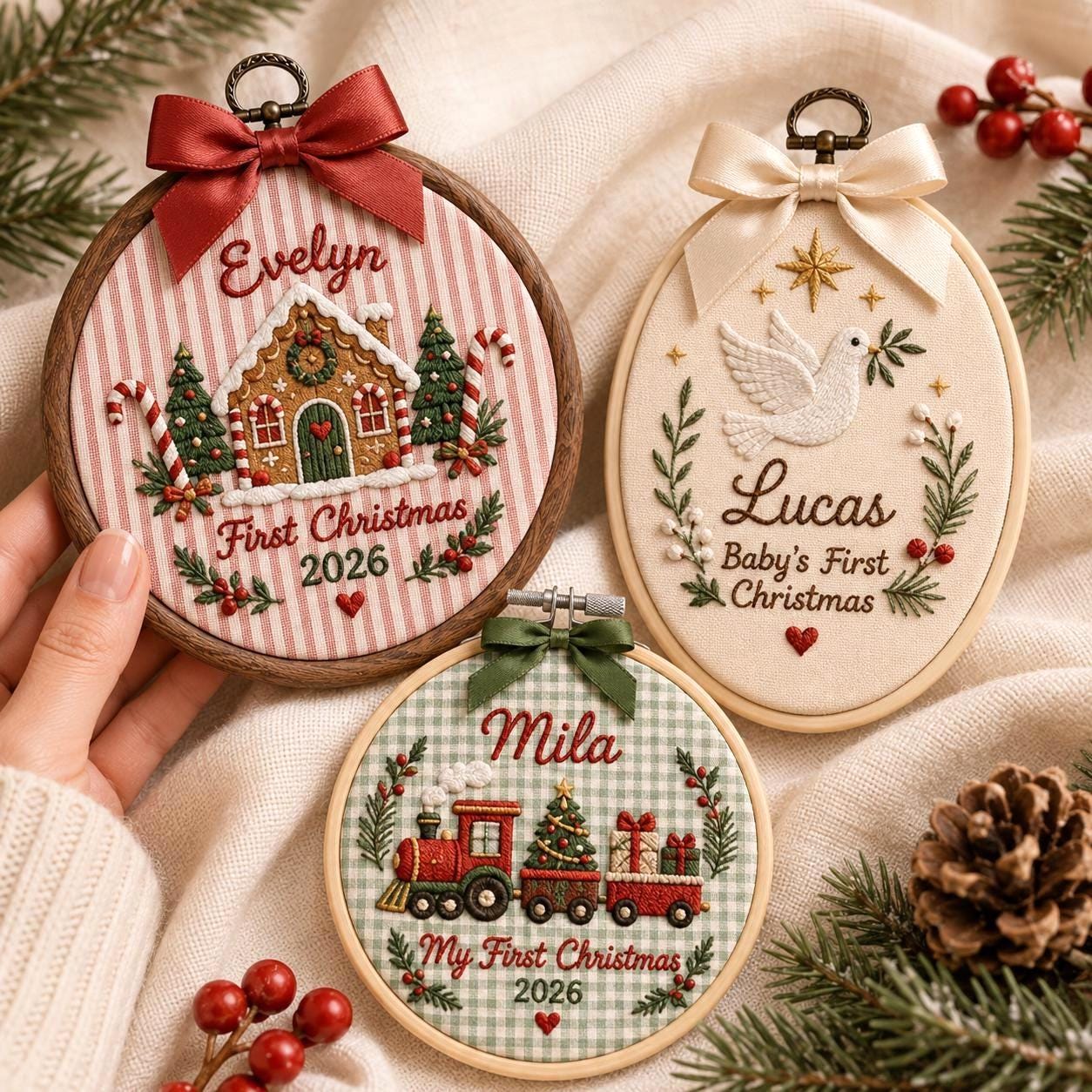 Personalized Custom Name Baby First Christmas 2026 Embroidered Hoop Ornament – Gingerbread Dove Train Keepsake Newborn Holiday Gift