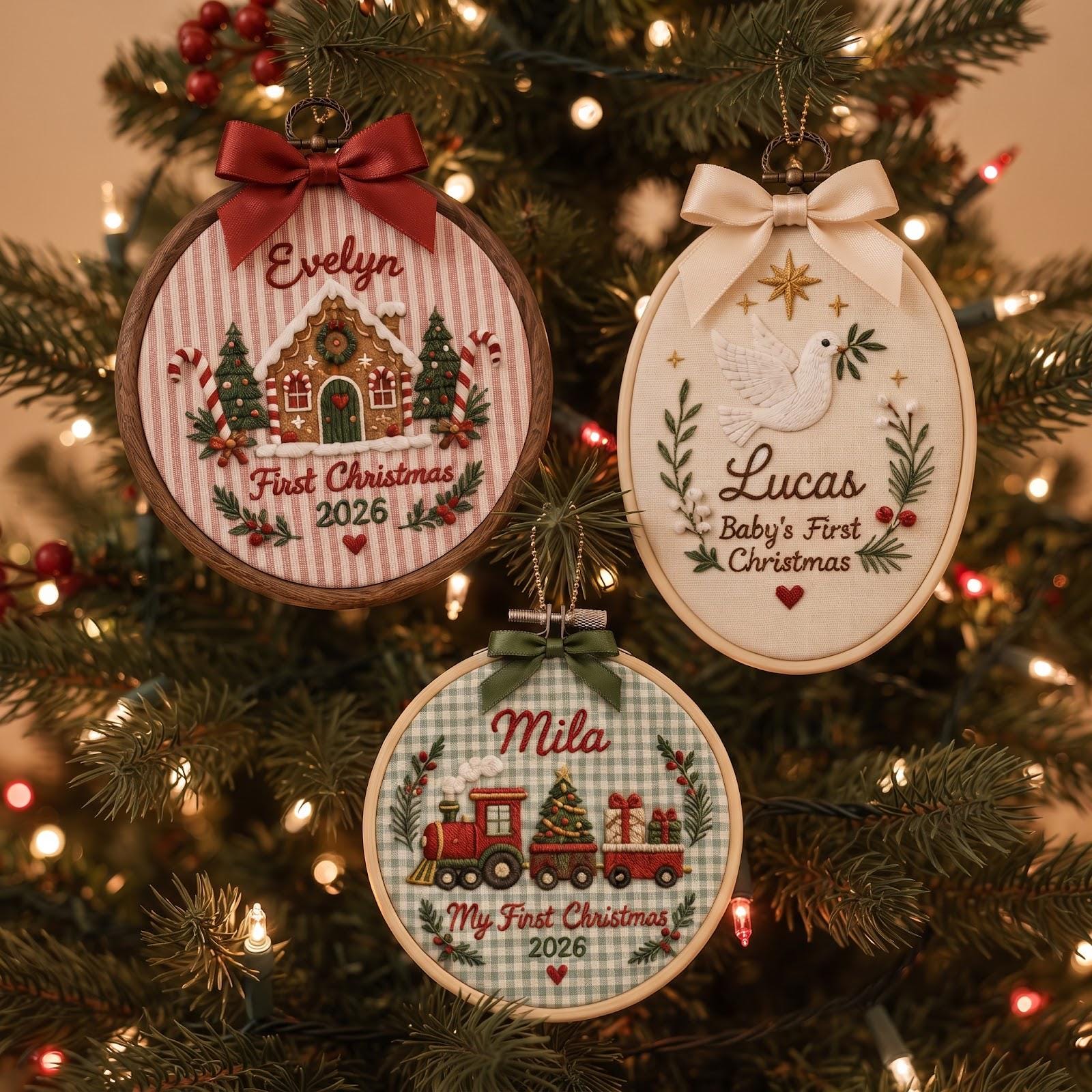 Personalized Custom Name Baby First Christmas 2026 Embroidered Hoop Ornament – Gingerbread Dove Train Keepsake Newborn Holiday Gift - photo 2