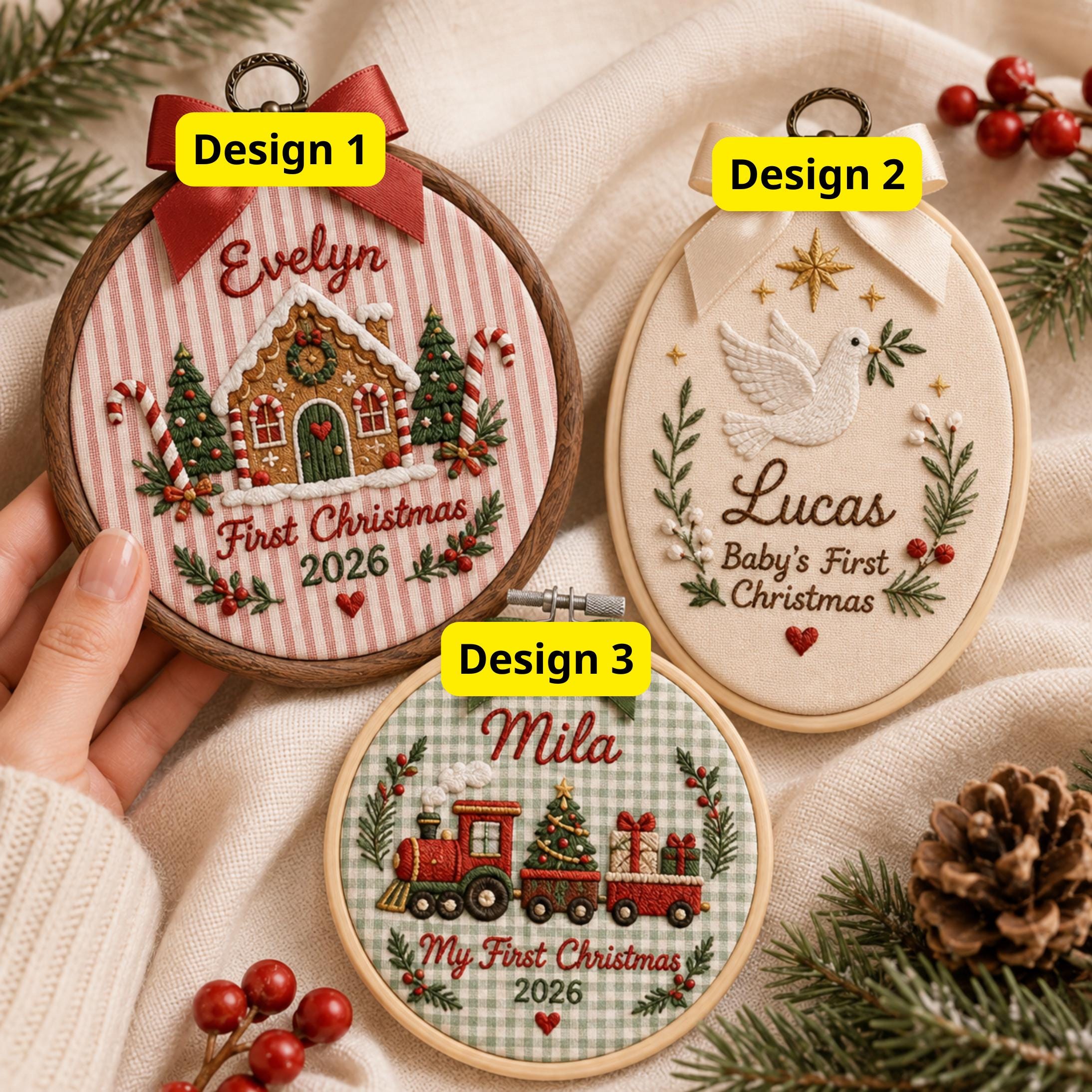 Personalized Custom Name Baby First Christmas 2026 Embroidered Hoop Ornament – Gingerbread Dove Train Keepsake Newborn Holiday Gift - photo 3