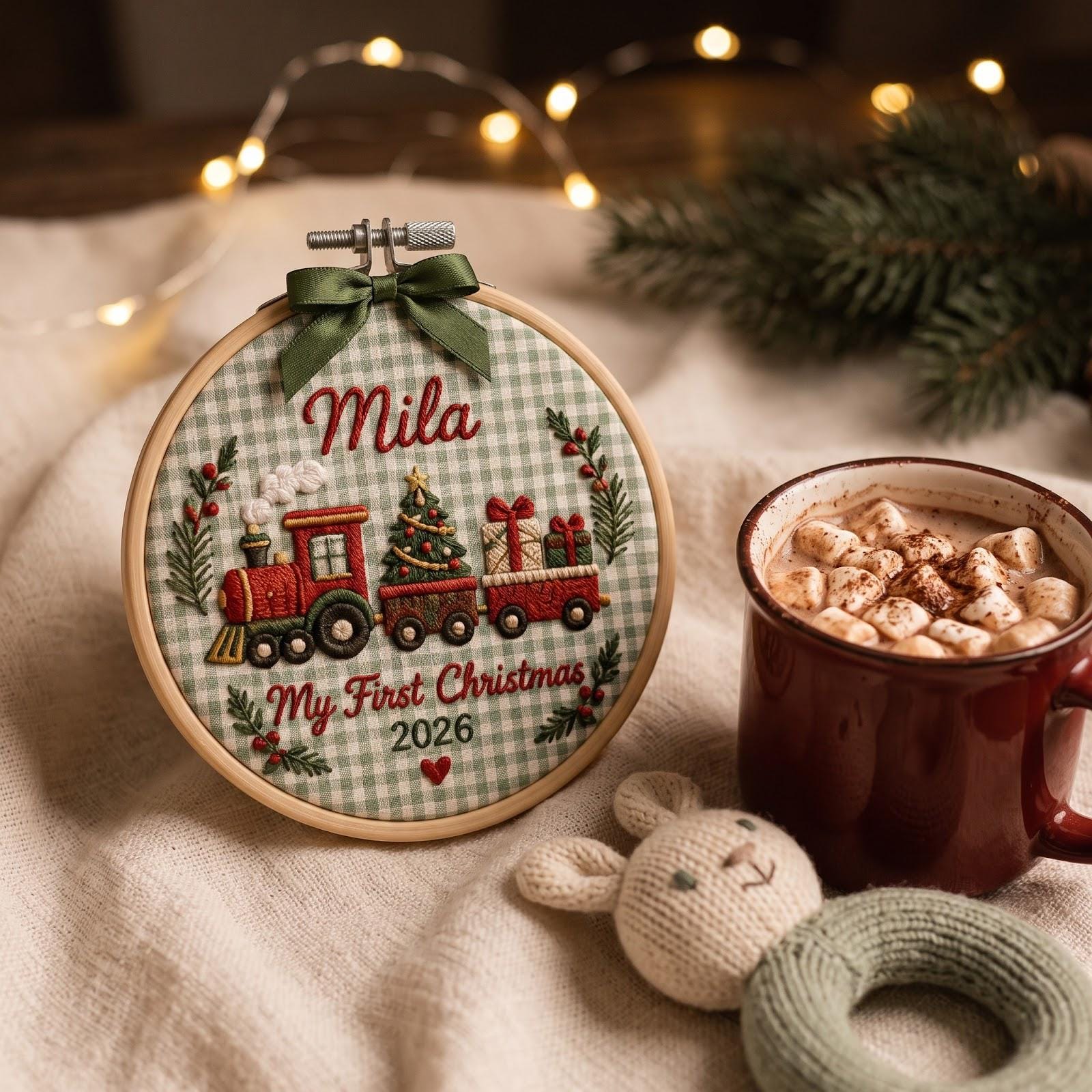 Personalized Custom Name Baby First Christmas 2026 Embroidered Hoop Ornament – Gingerbread Dove Train Keepsake Newborn Holiday Gift - photo 8