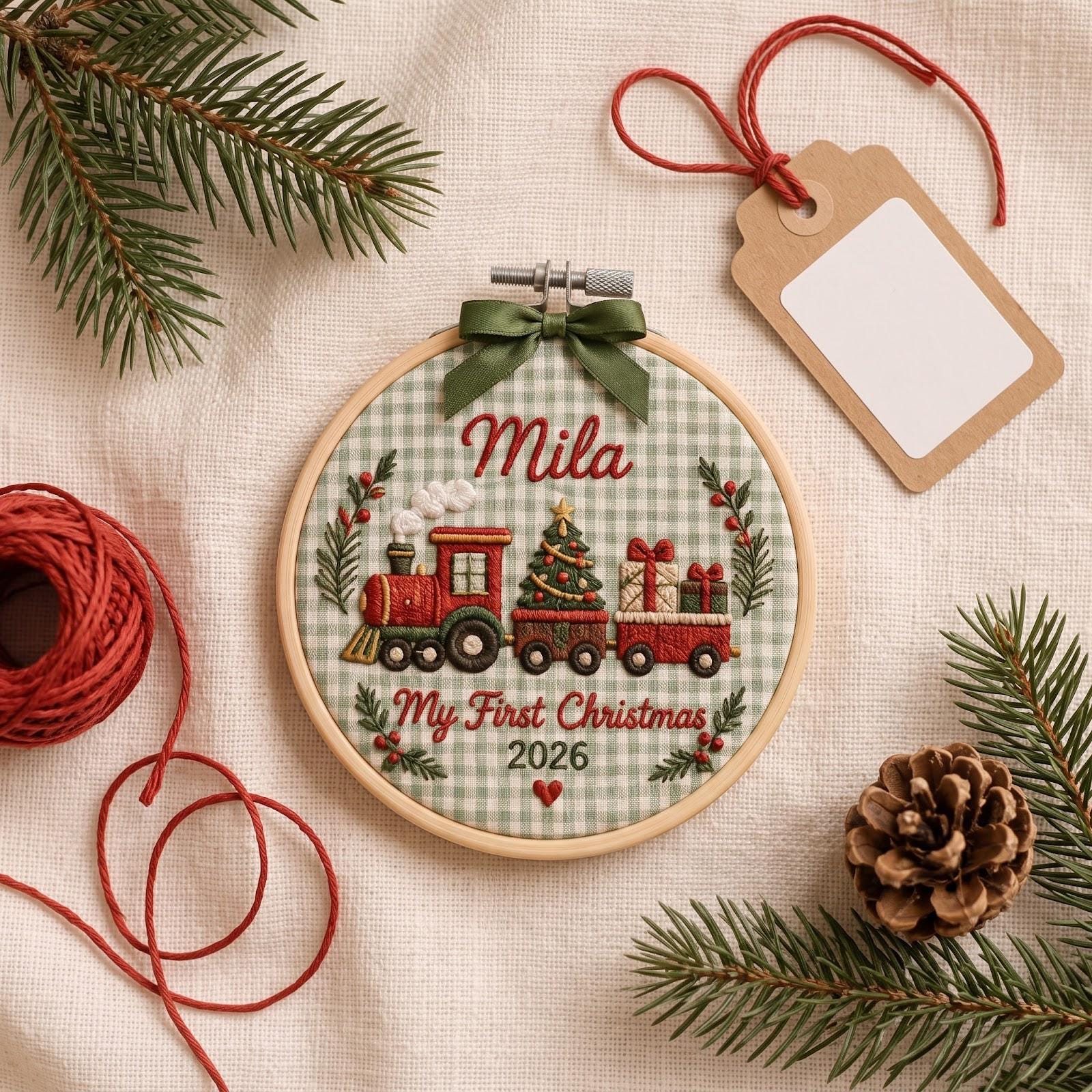 Personalized Custom Name Baby First Christmas 2026 Embroidered Hoop Ornament – Gingerbread Dove Train Keepsake Newborn Holiday Gift - photo 9