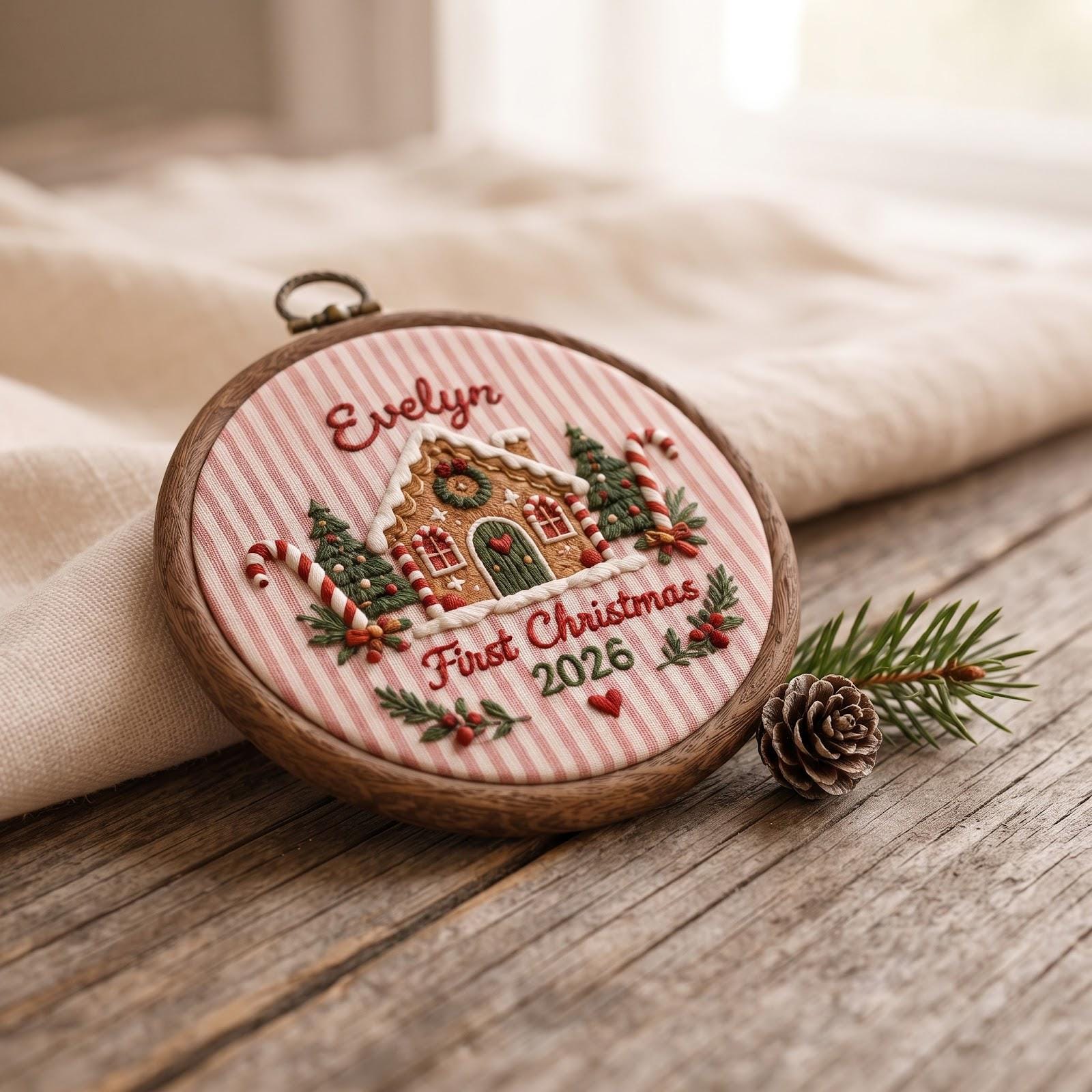 Personalized Custom Name Baby First Christmas 2026 Embroidered Hoop Ornament – Gingerbread Dove Train Keepsake Newborn Holiday Gift - photo 12