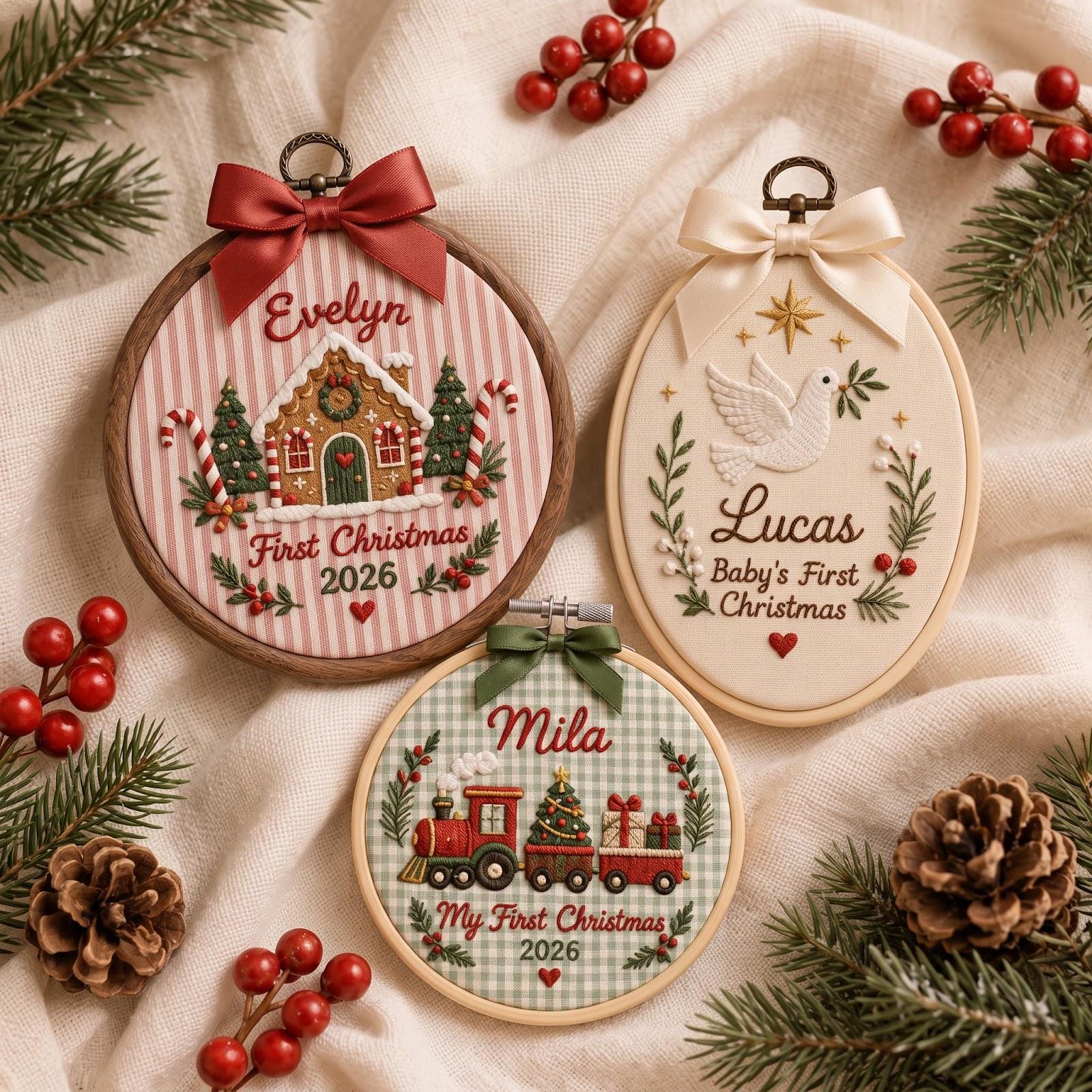 Personalized Custom Name Baby First Christmas 2026 Embroidered Hoop Ornament – Gingerbread Dove Train Keepsake Newborn Holiday Gift - photo 13