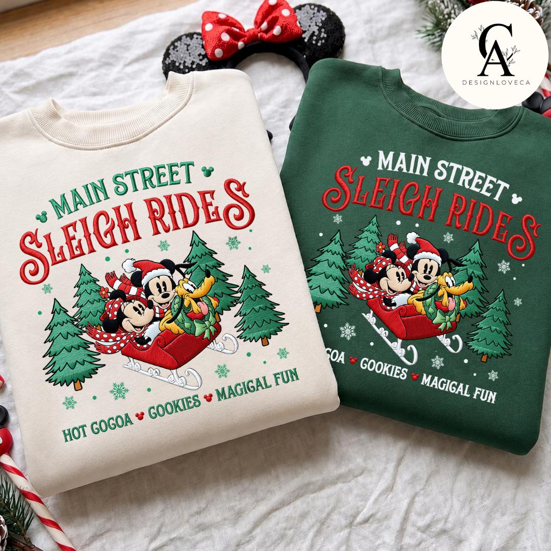 Embroidered Mickey and Minnie Main Street Sleigh Rides Disney Christmas Gingham Mock Neck Sweatshirt – Holiday Xmas Crewneck Sweater