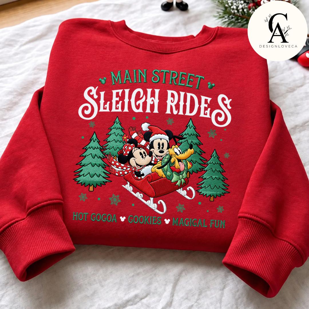 Embroidered Mickey and Minnie Main Street Sleigh Rides Disney Christmas Gingham Mock Neck Sweatshirt – Holiday Xmas Crewneck Sweater - photo 2