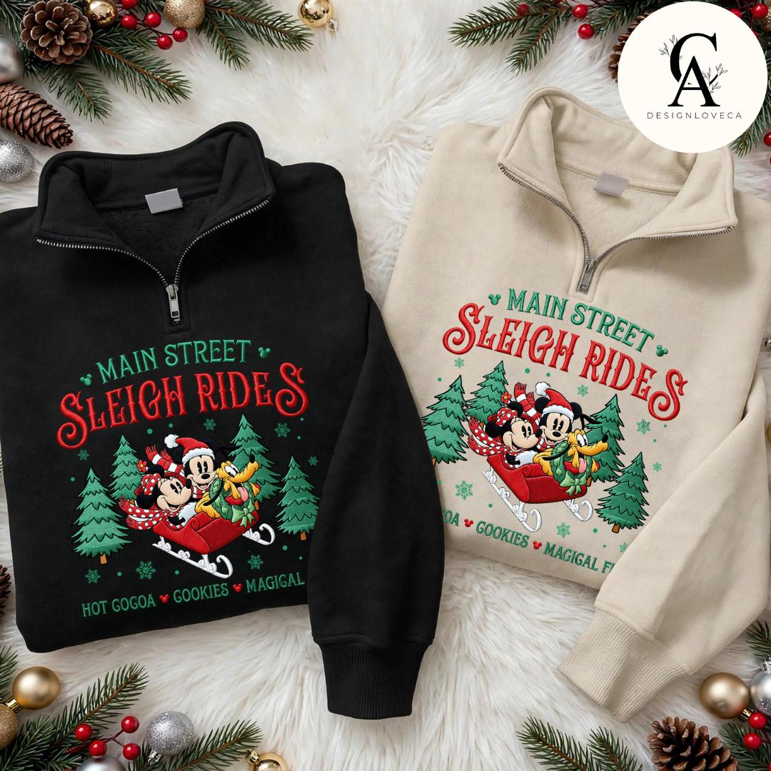 Embroidered Mickey and Minnie Main Street Sleigh Rides Disney Christmas Gingham Mock Neck Sweatshirt – Holiday Xmas Crewneck Sweater - photo 3