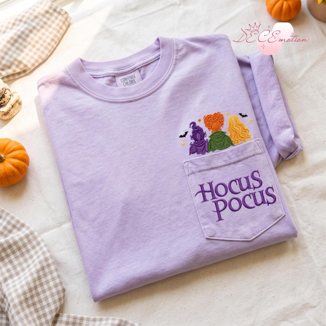 Embroidered Hocus Pocus Disney Halloween Comfort Colors Pocket Shirt with The Sanderson Sisters – Just a Bunch of Hocus Pocus Tee