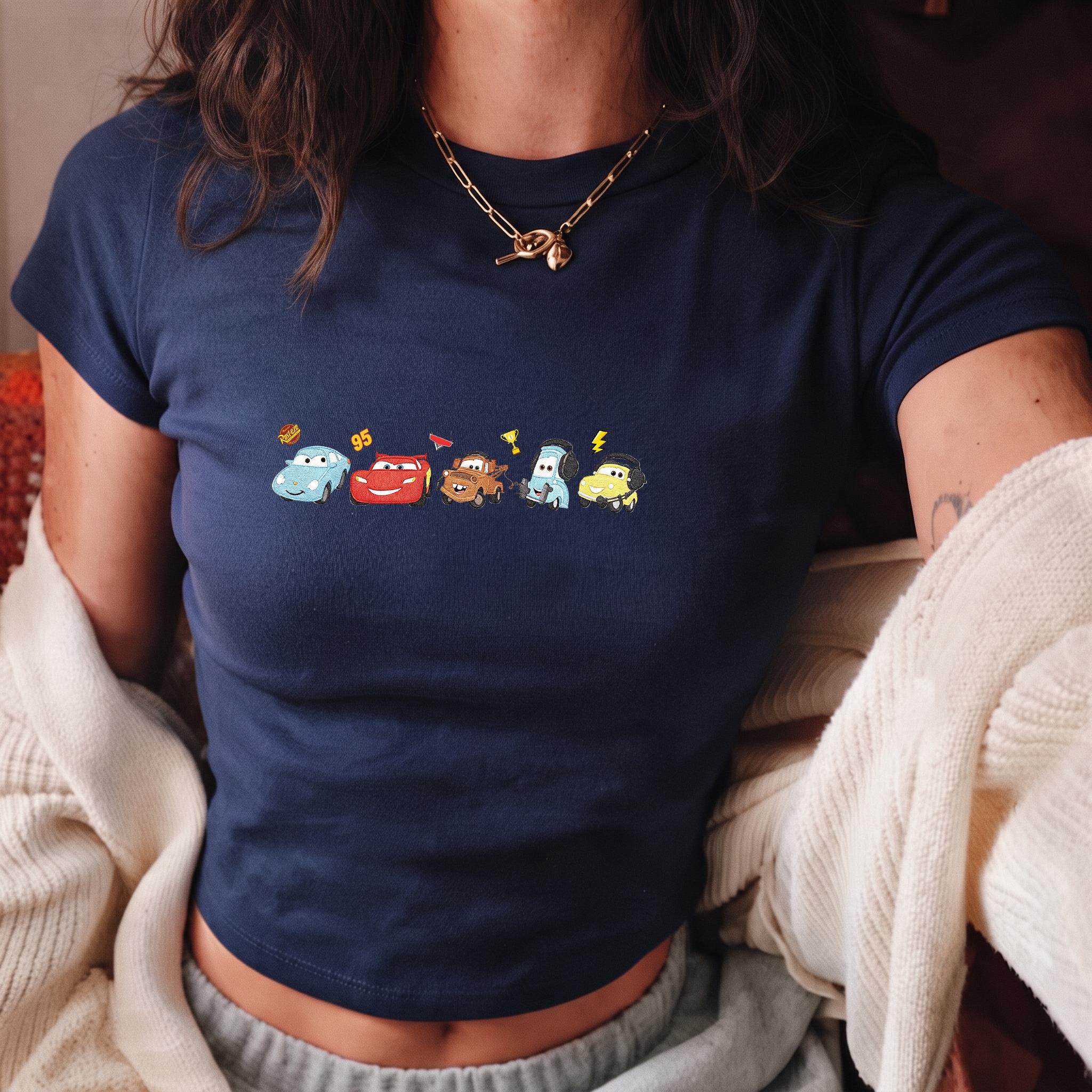 Embroidered Disney Cars Characters Baby Tee Crop Tank with Lightning McQueen and Mater – Cars Land Family Trip Lace Trim Tank Top