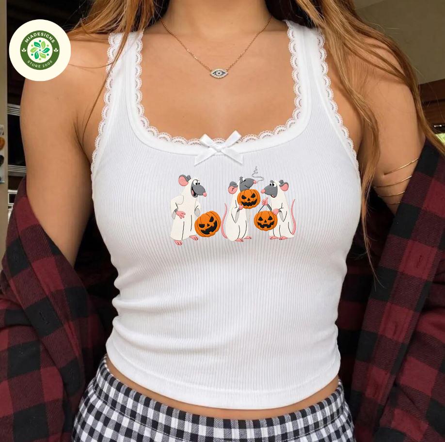 Embroidered Disney Pixar Remy Ratatouille Halloween Baby Tee Crop Tank – Spooky Season Pumpkin Lace Trim Tank Top Shirt - photo 2