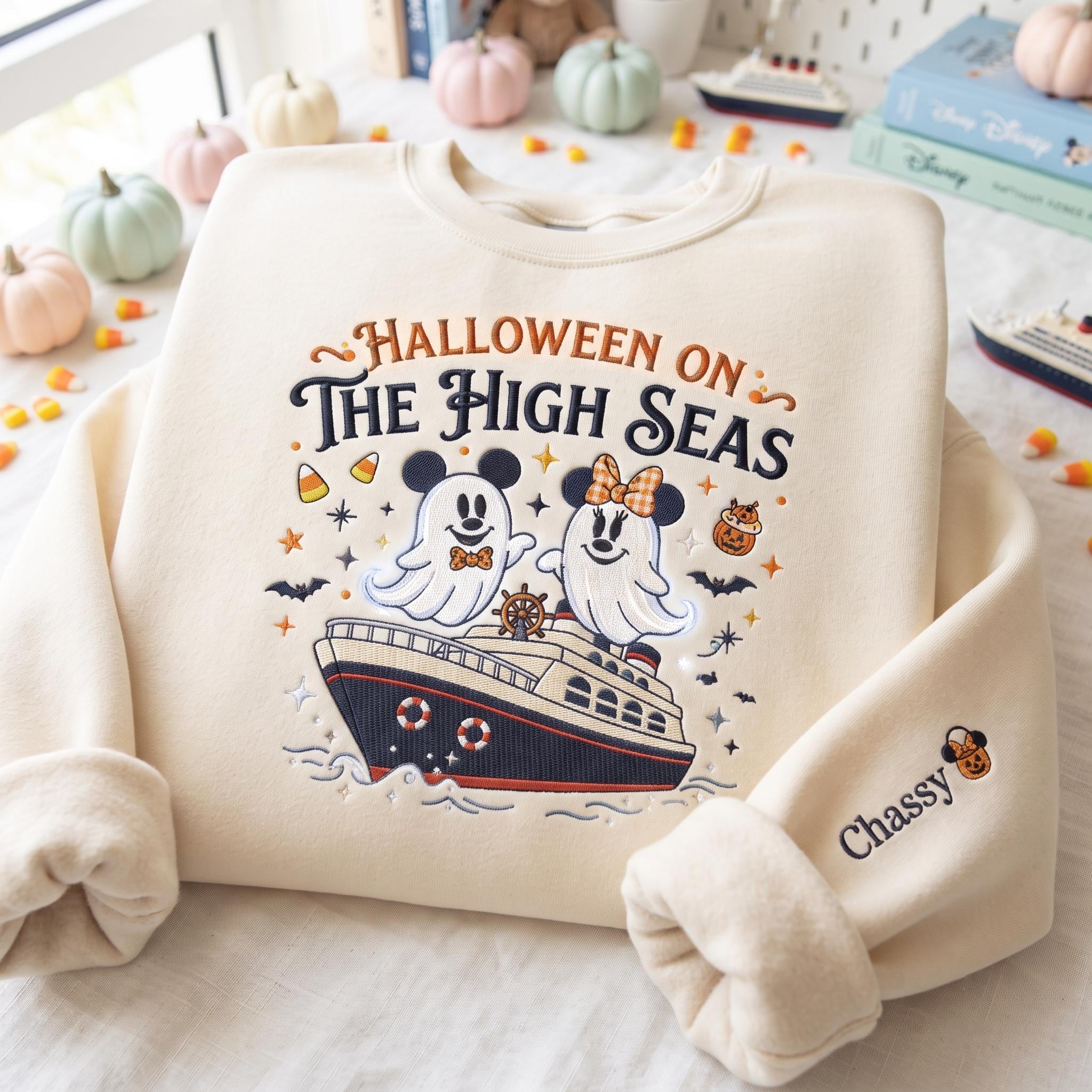Embroidered Halloween on the High Seas Sweatshirt – Spooky Coastal Disney Nautical Sea Theme Shirt and Halloween Gift