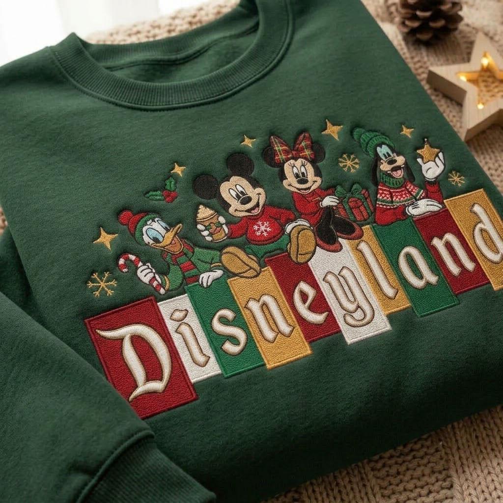 Embroidered Disney Christmas Sweatshirt with Mickey and Friends – Magical Disneyland Holiday Park Vacation Crewneck Shirt