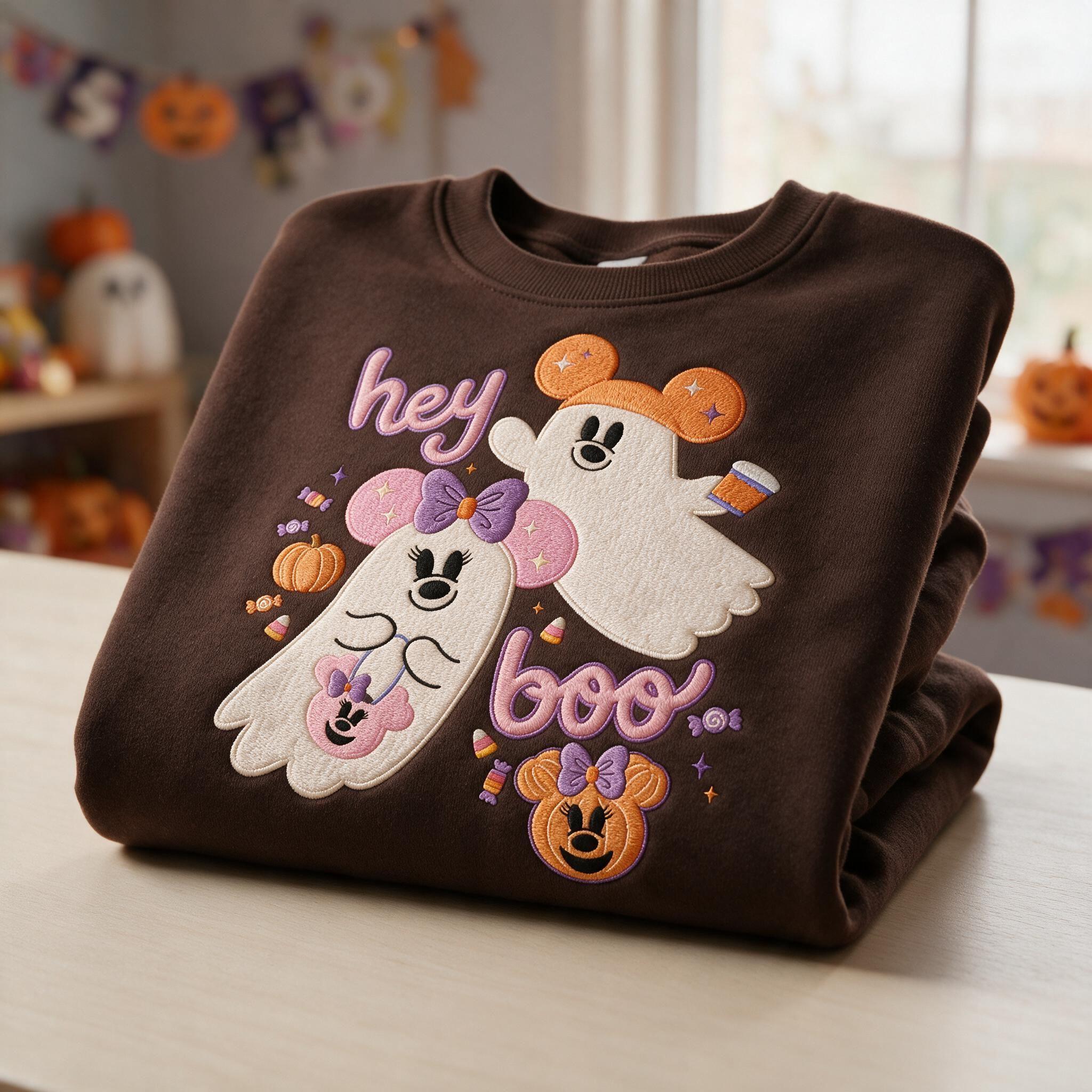 Embroidered Mickey and Minnie Ghost Sweatshirt with a Hey Boo Design – Disney Halloween Spooky Season Shirt