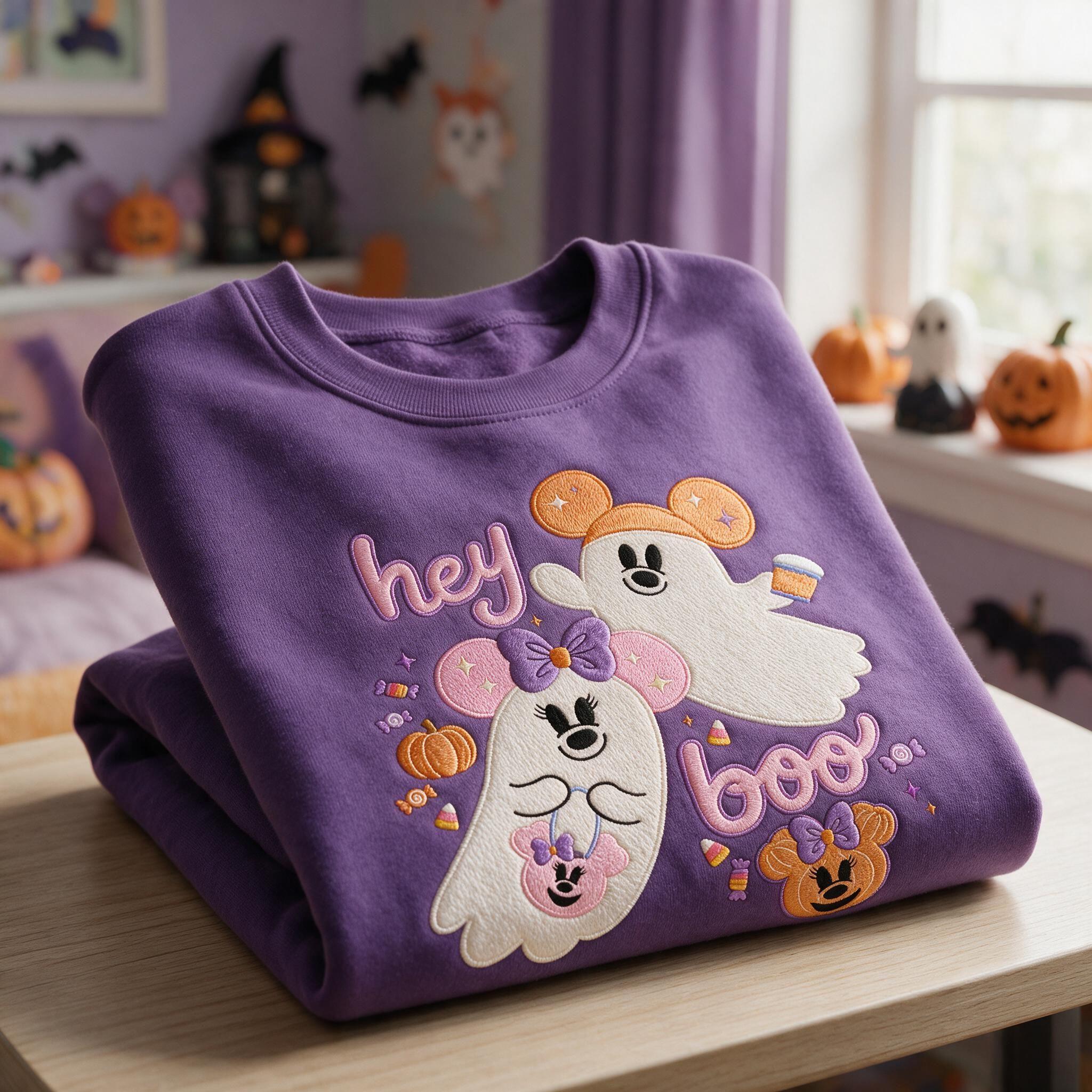 Embroidered Mickey and Minnie Ghost Sweatshirt with a Hey Boo Design – Disney Halloween Spooky Season Shirt - photo 2