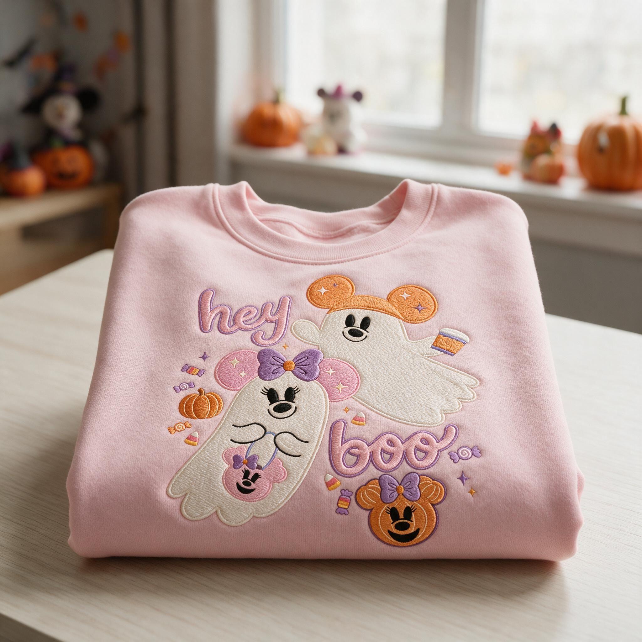 Embroidered Mickey and Minnie Ghost Sweatshirt with a Hey Boo Design – Disney Halloween Spooky Season Shirt - photo 3