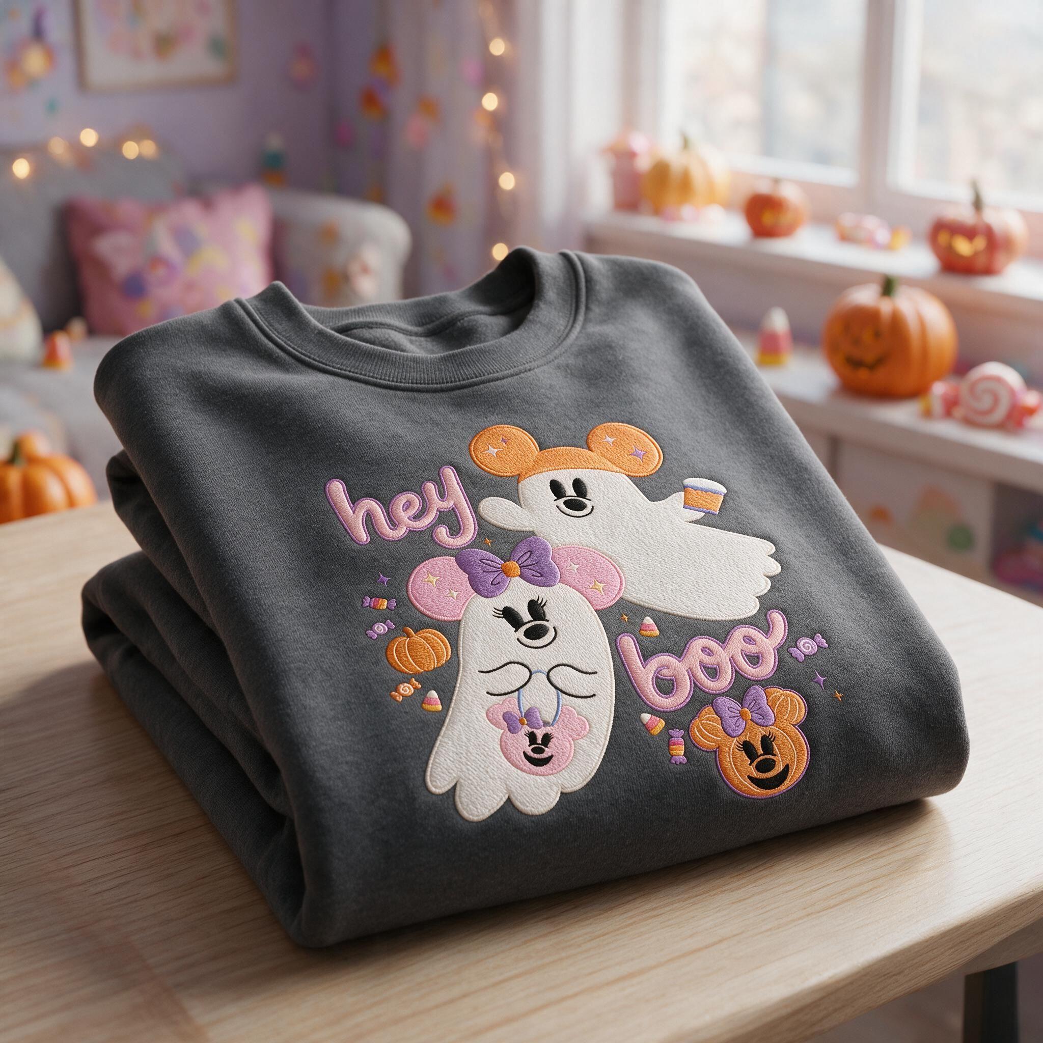 Embroidered Mickey and Minnie Ghost Sweatshirt with a Hey Boo Design – Disney Halloween Spooky Season Shirt - photo 4