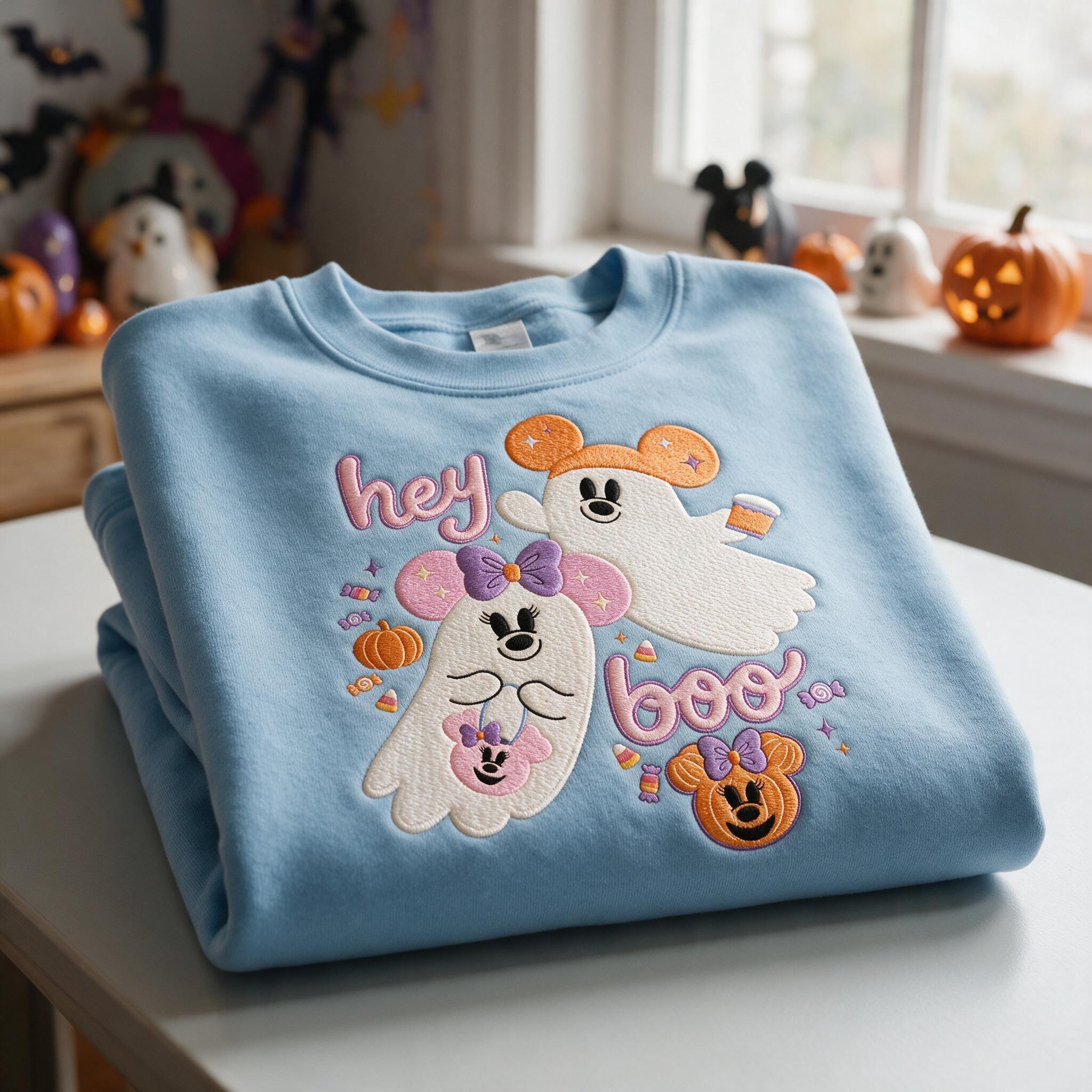 Embroidered Mickey and Minnie Ghost Sweatshirt with a Hey Boo Design – Disney Halloween Spooky Season Shirt - photo 5