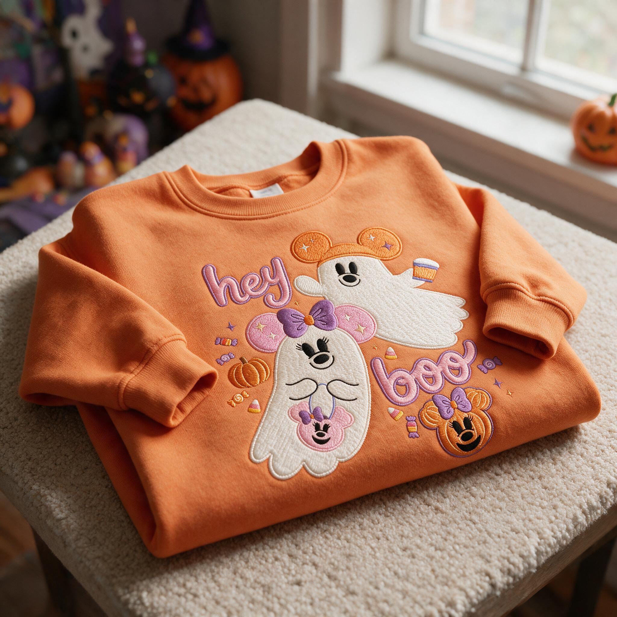 Embroidered Mickey and Minnie Ghost Sweatshirt with a Hey Boo Design – Disney Halloween Spooky Season Shirt - photo 6