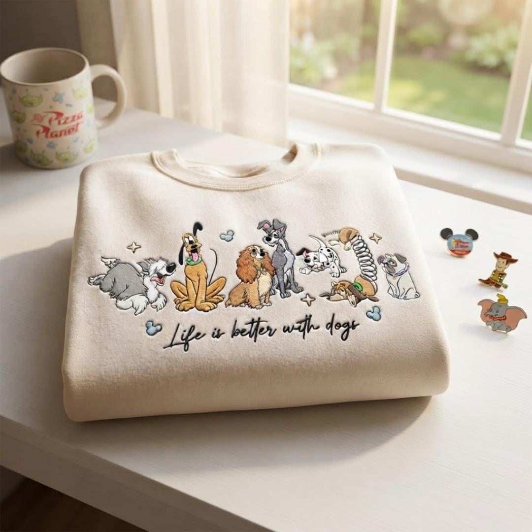 Embroidered Life Is Better With Dogs T-Shirt Sweatshirt or Hoodie – Disney Dogs WDW Disneyland Shirt for Dog Lovers - photo 2