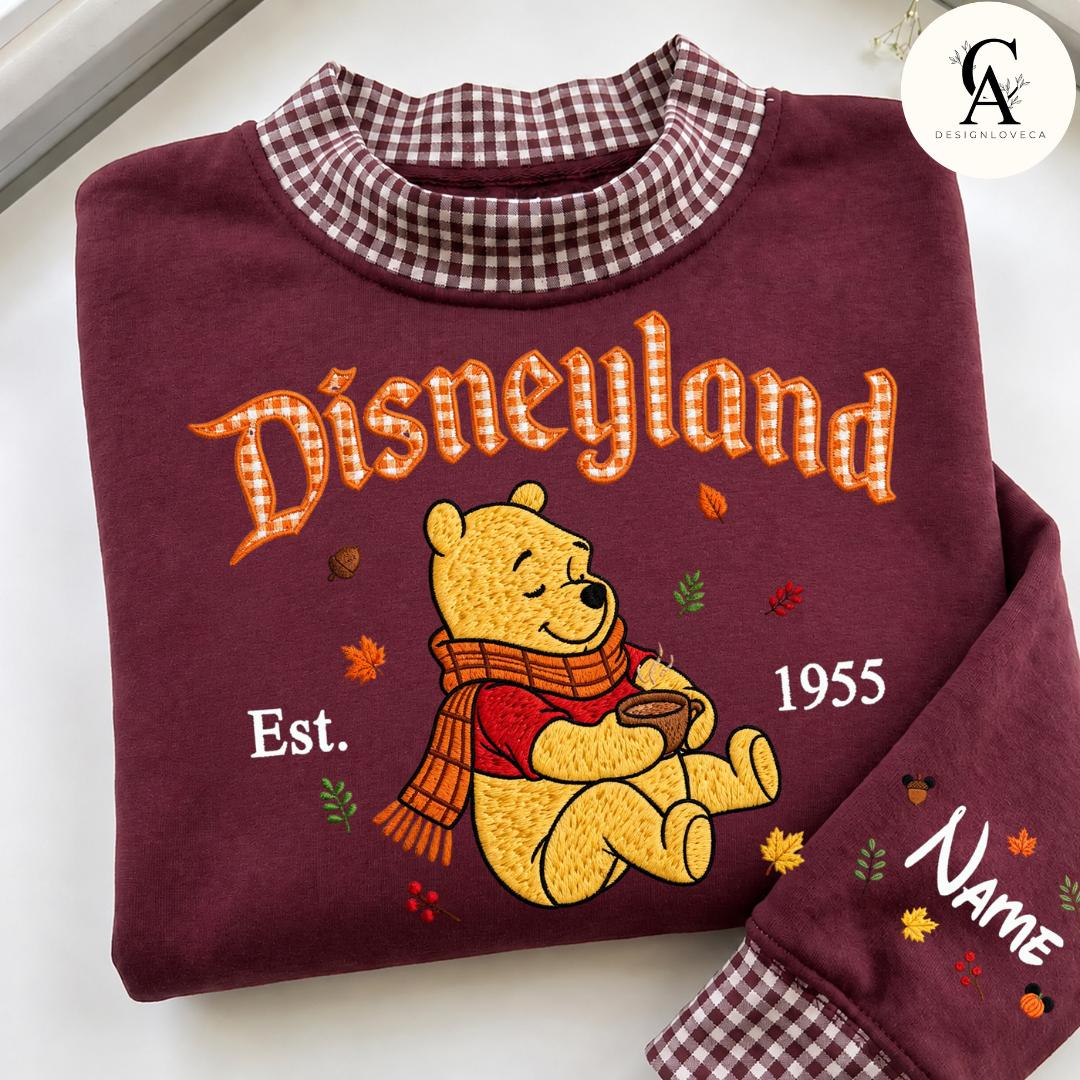 Personalized Embroidered Disney Fall Applique Gingham Mock Neck Sweatshirt with Mickey Minnie Pooh Stitch – Halloween Crewneck Sweater